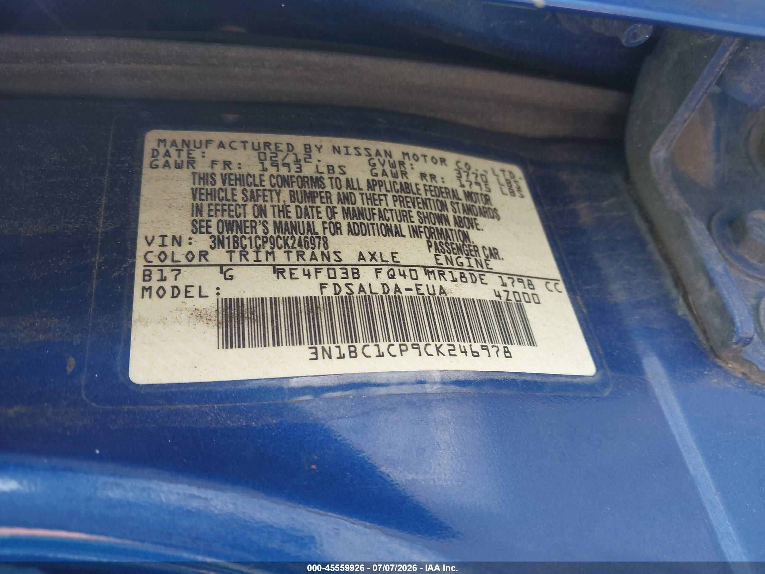 2012 Nissan Versa 1.8 S Blue vin: 3N1BC1CP9CK246978