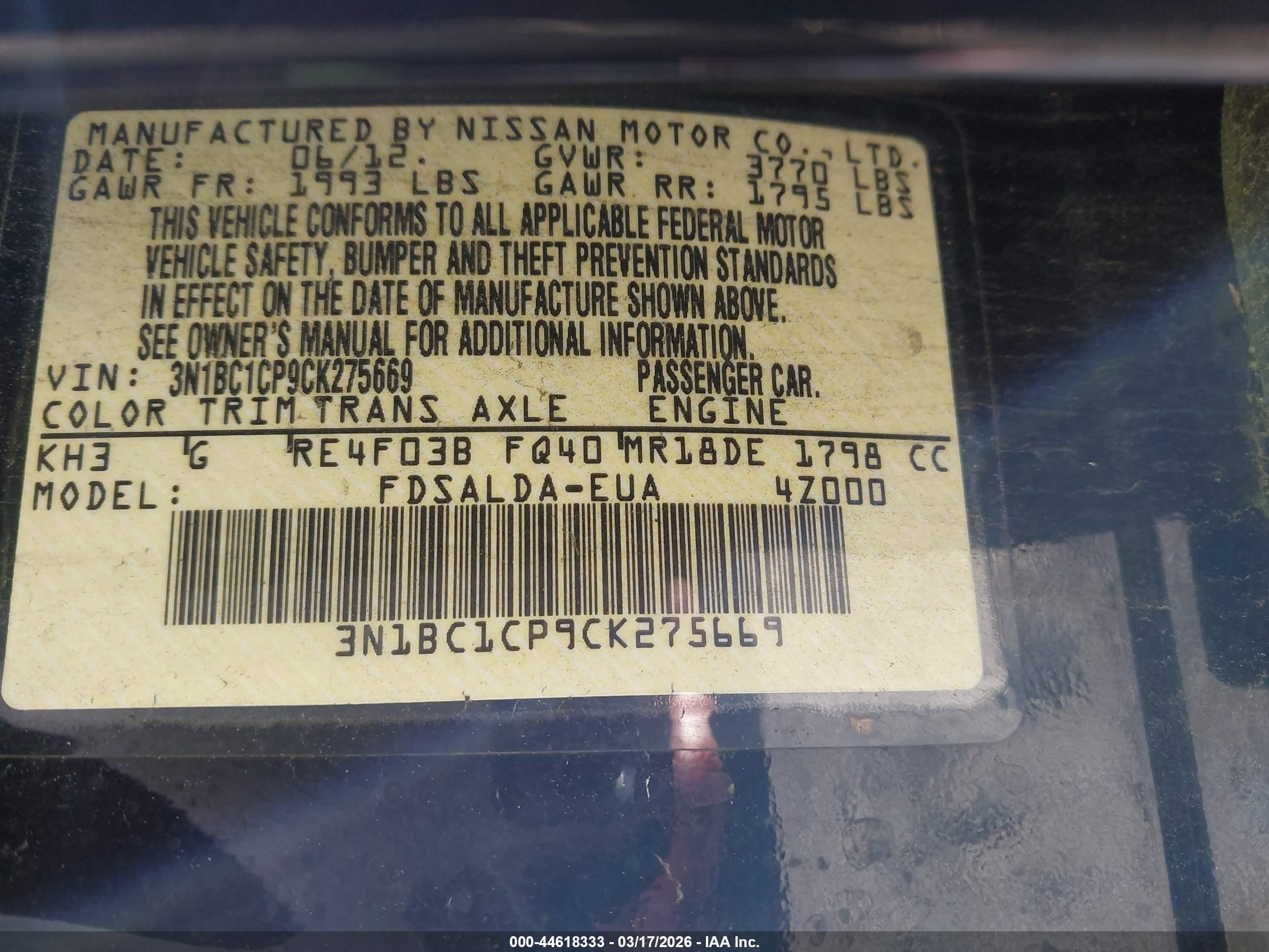 2012 Nissan Versa 1.8 S Black vin: 3N1BC1CP9CK275669