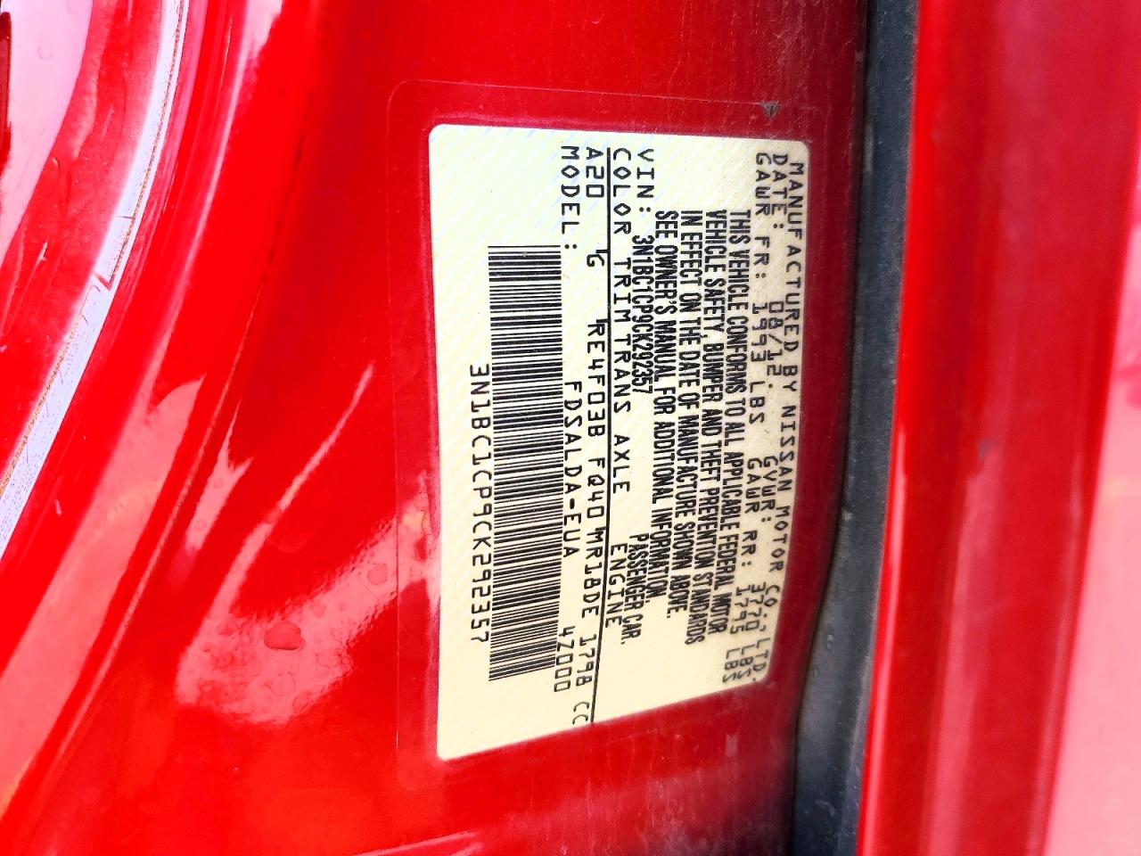 2012 Nissan Versa 1.8 S Red vin: 3N1BC1CP9CK292357