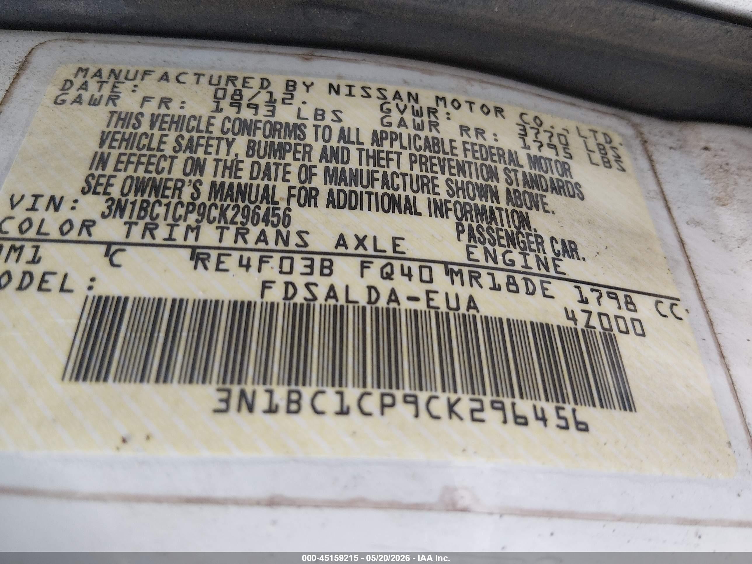 2012 Nissan Versa 1.8 S White vin: 3N1BC1CP9CK296456