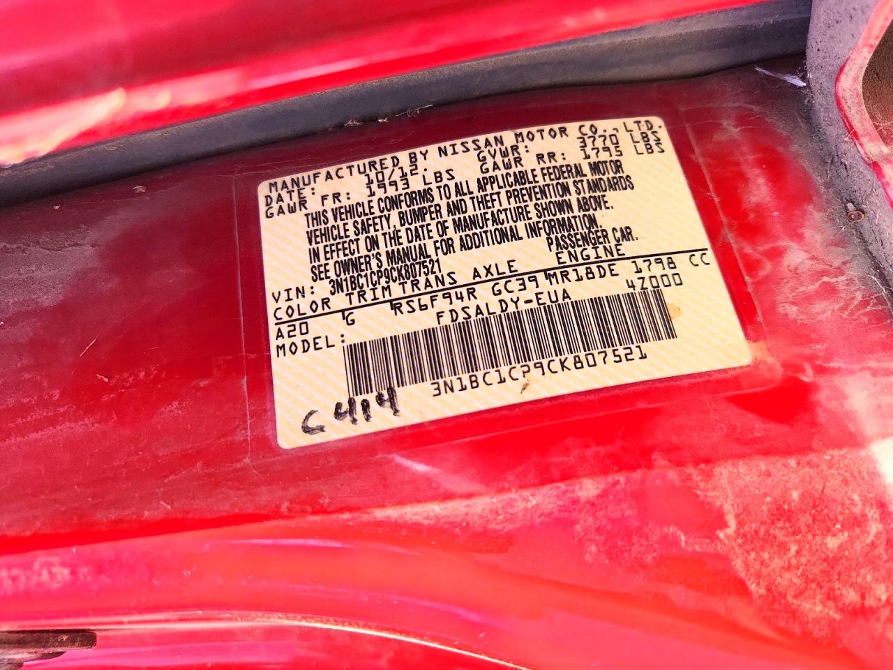2012 Nissan Versa Red vin: 3N1BC1CP9CK807521