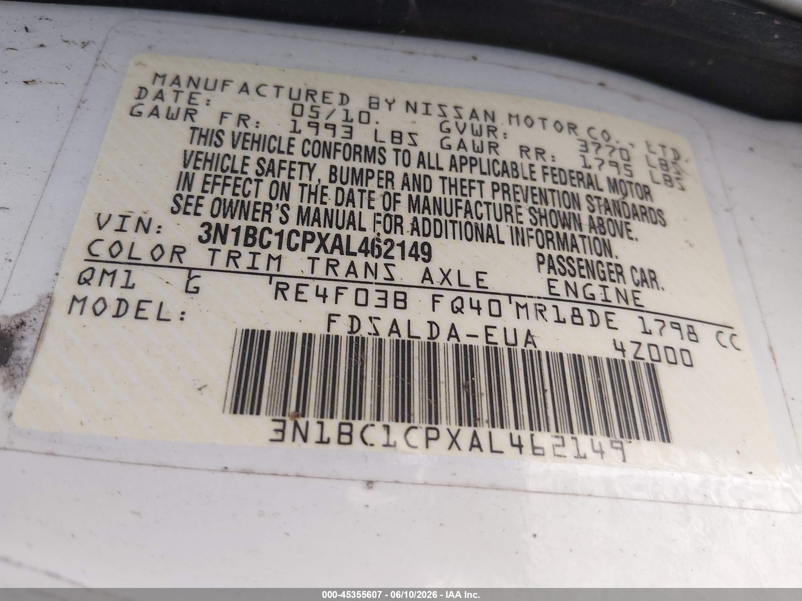 2010 Nissan Versa 1.8s White vin: 3N1BC1CPXAL462149
