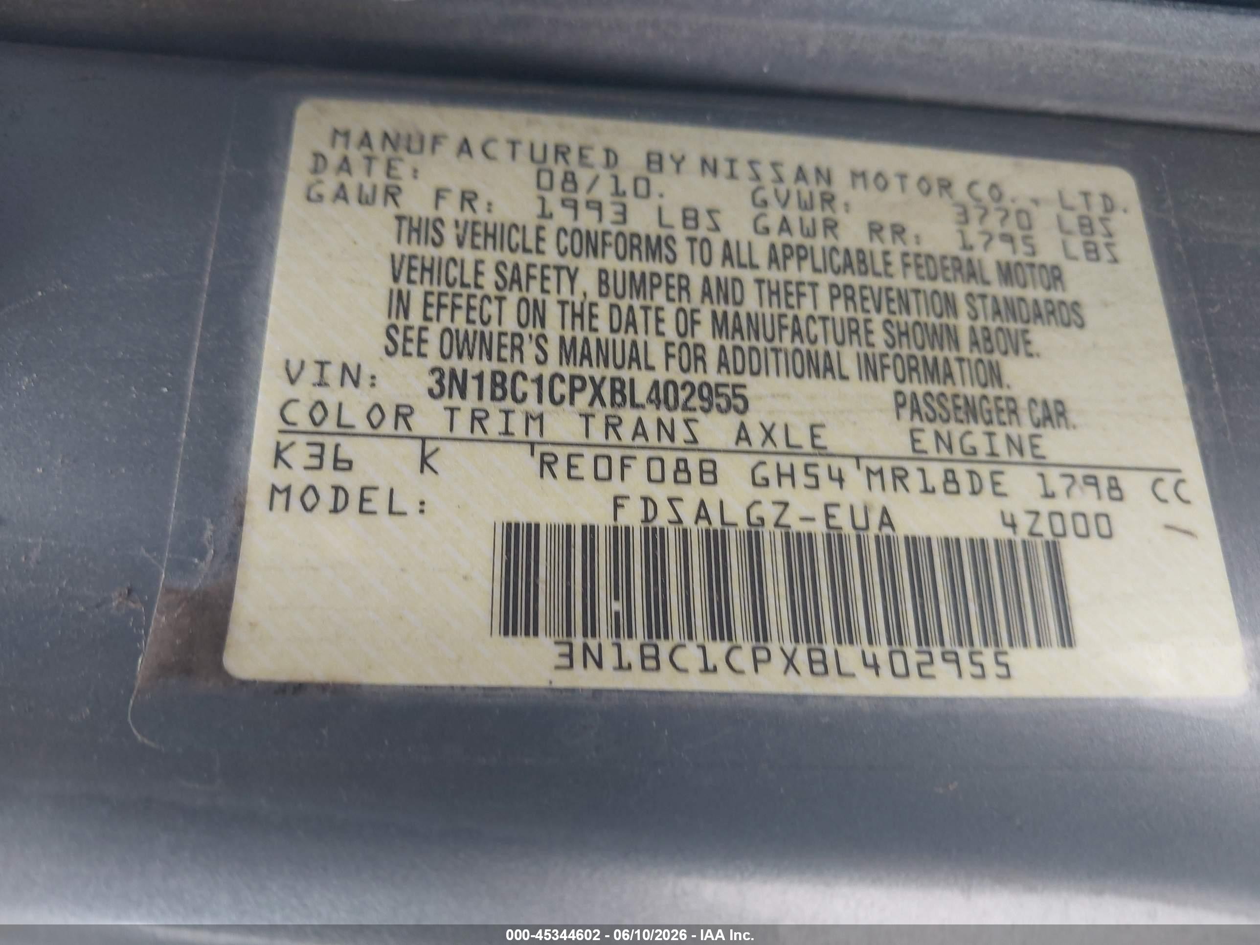 2011 Nissan Versa 1.8sl Gray vin: 3N1BC1CPXBL402955