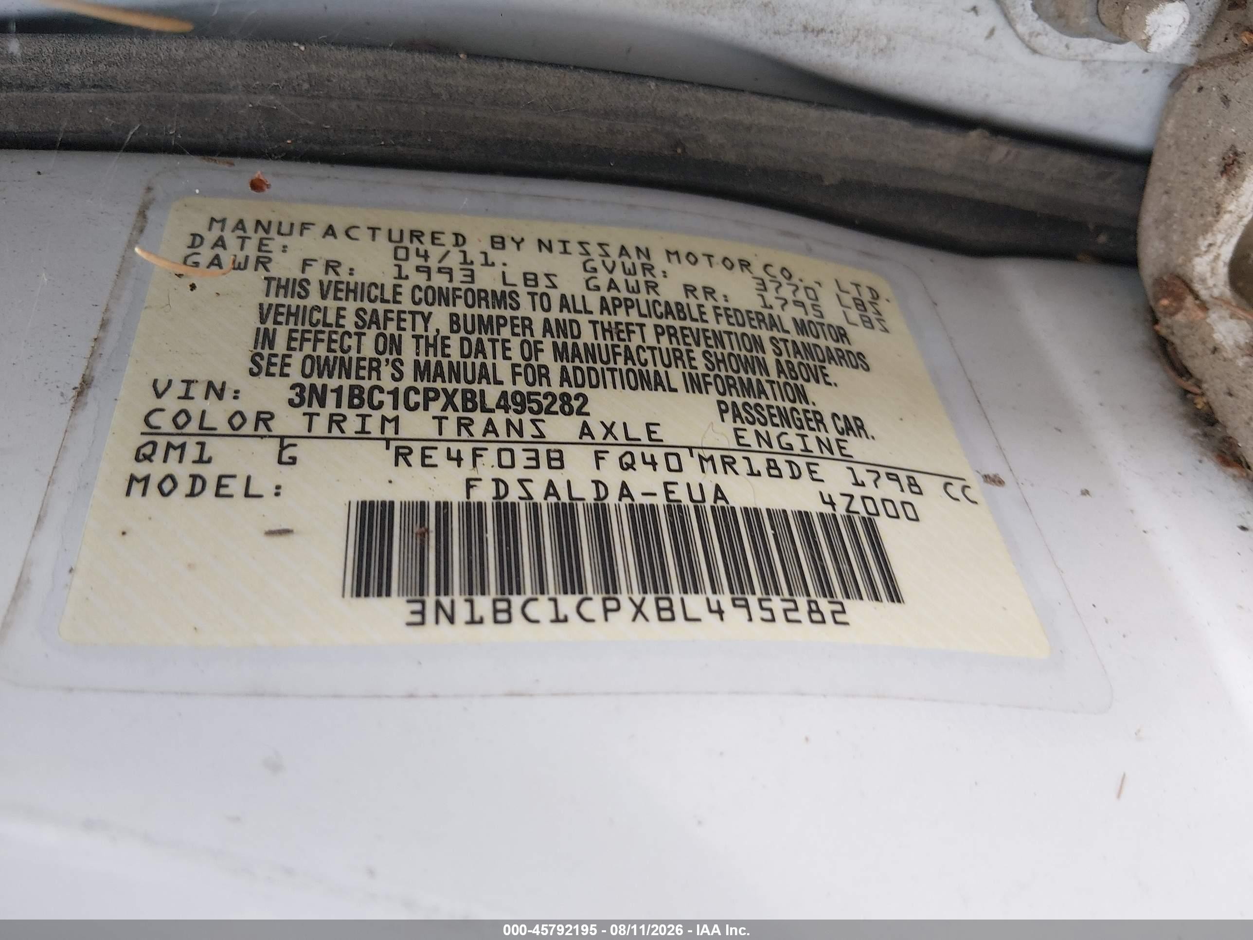 2011 Nissan Versa 1.8s Белый vin: 3N1BC1CPXBL495282