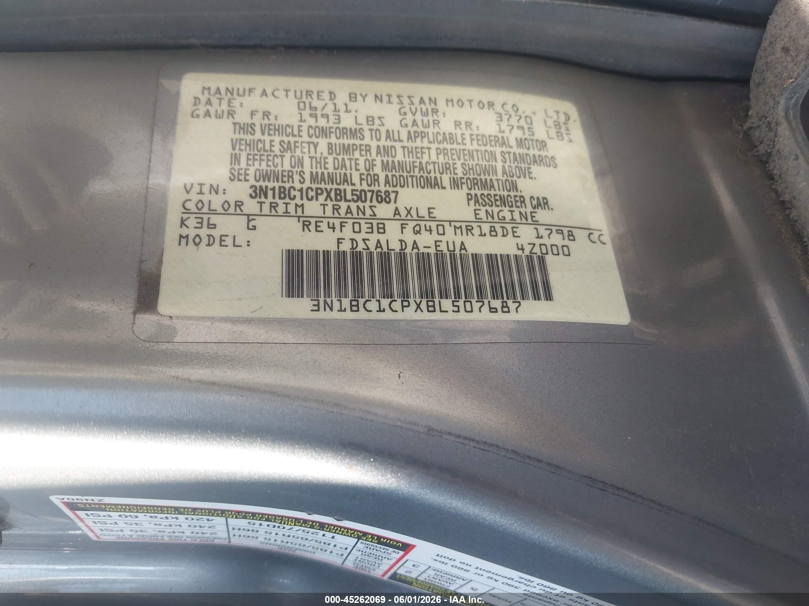 2011 Nissan Versa 1.8s Gray vin: 3N1BC1CPXBL507687