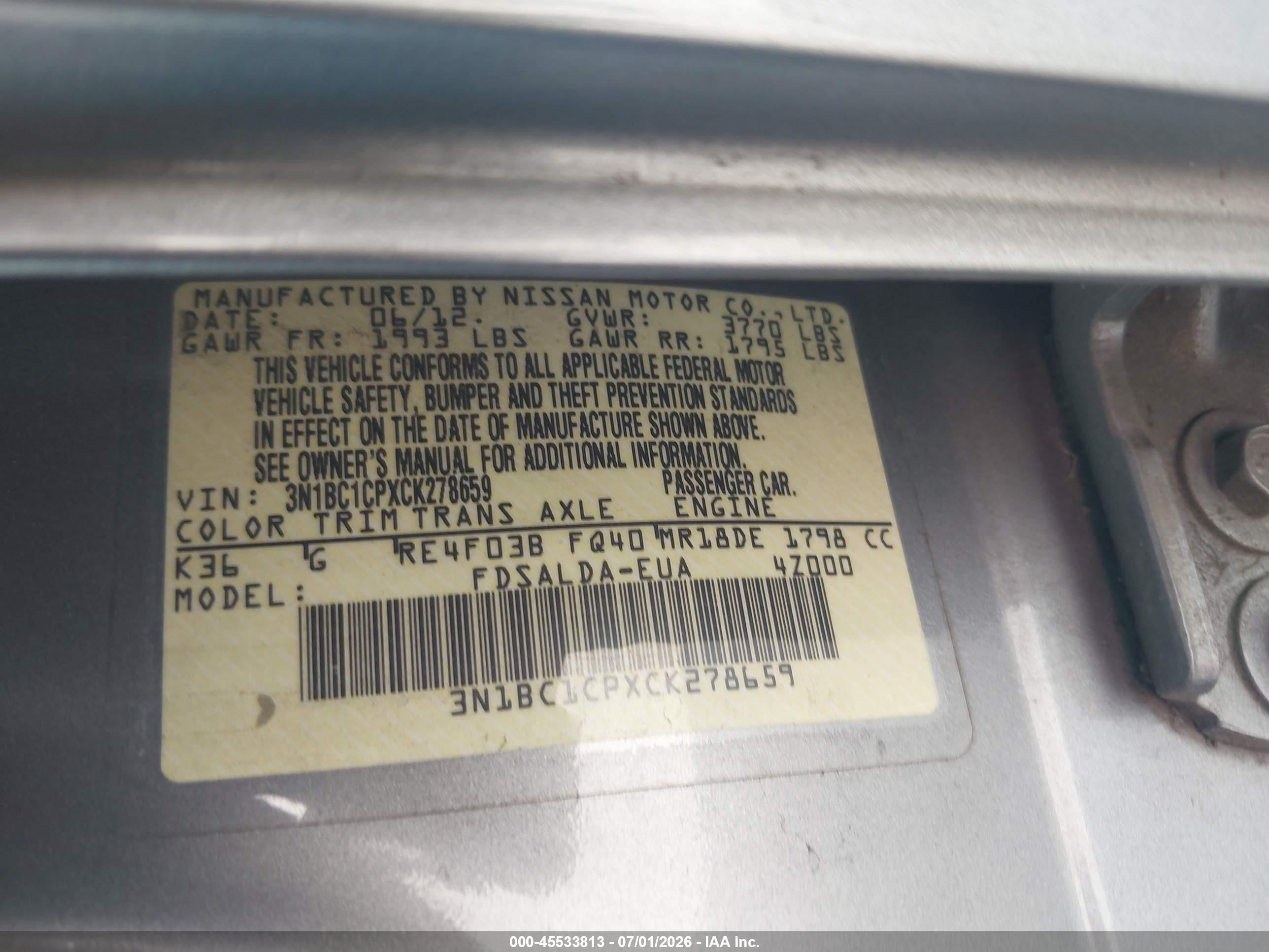 2012 Nissan Versa 1.8 S Gray vin: 3N1BC1CPXCK278659