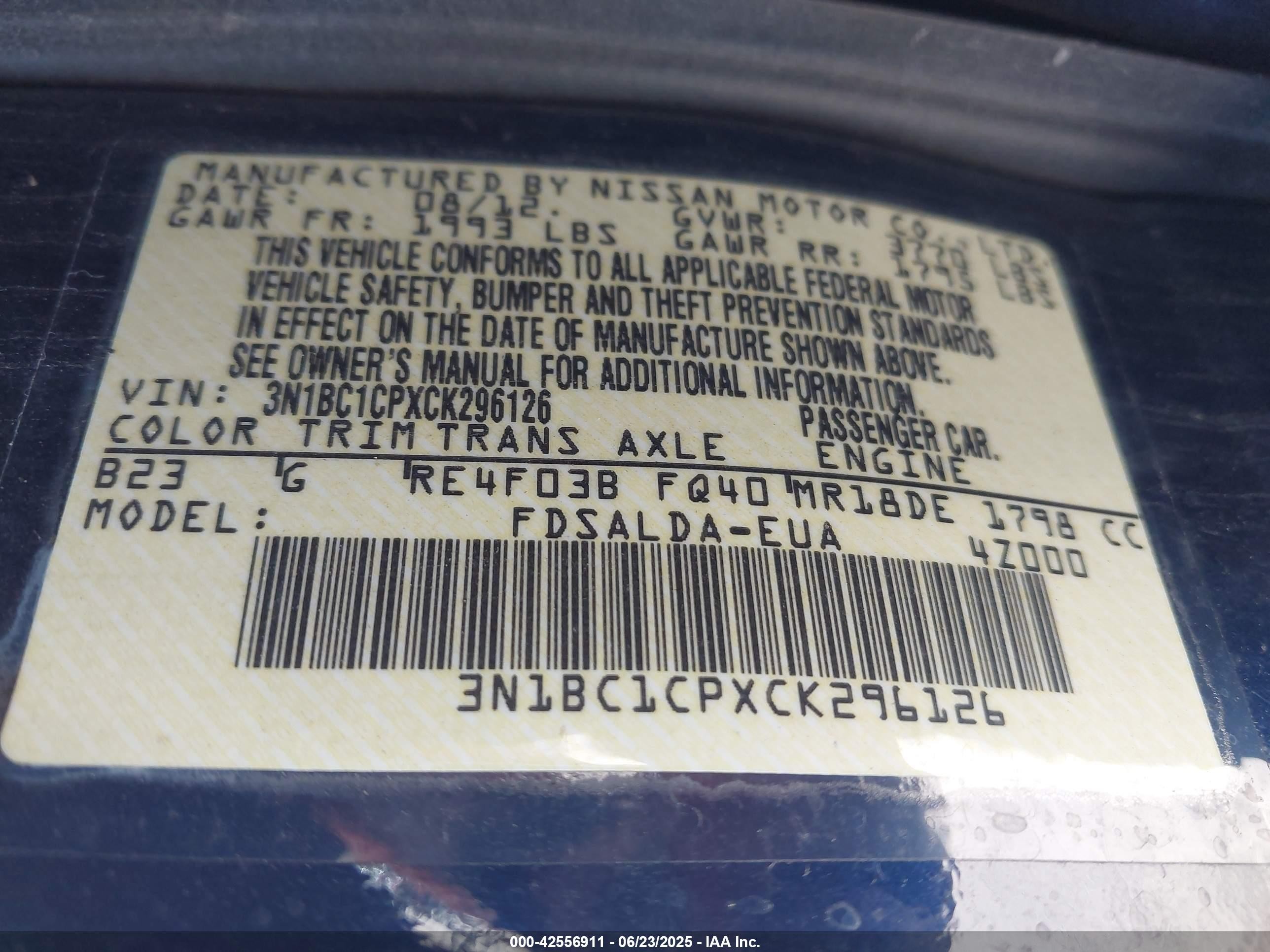 2012 Nissan Versa 1.8 S Blue vin: 3N1BC1CPXCK296126