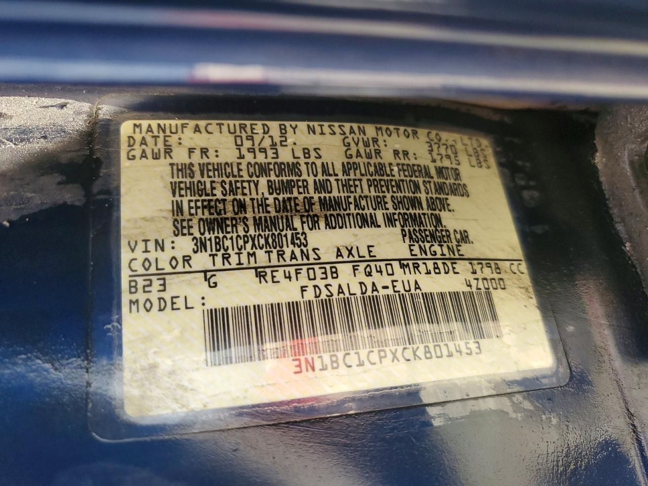 2012 Nissan Versa S/sl Blue vin: 3N1BC1CPXCK801453