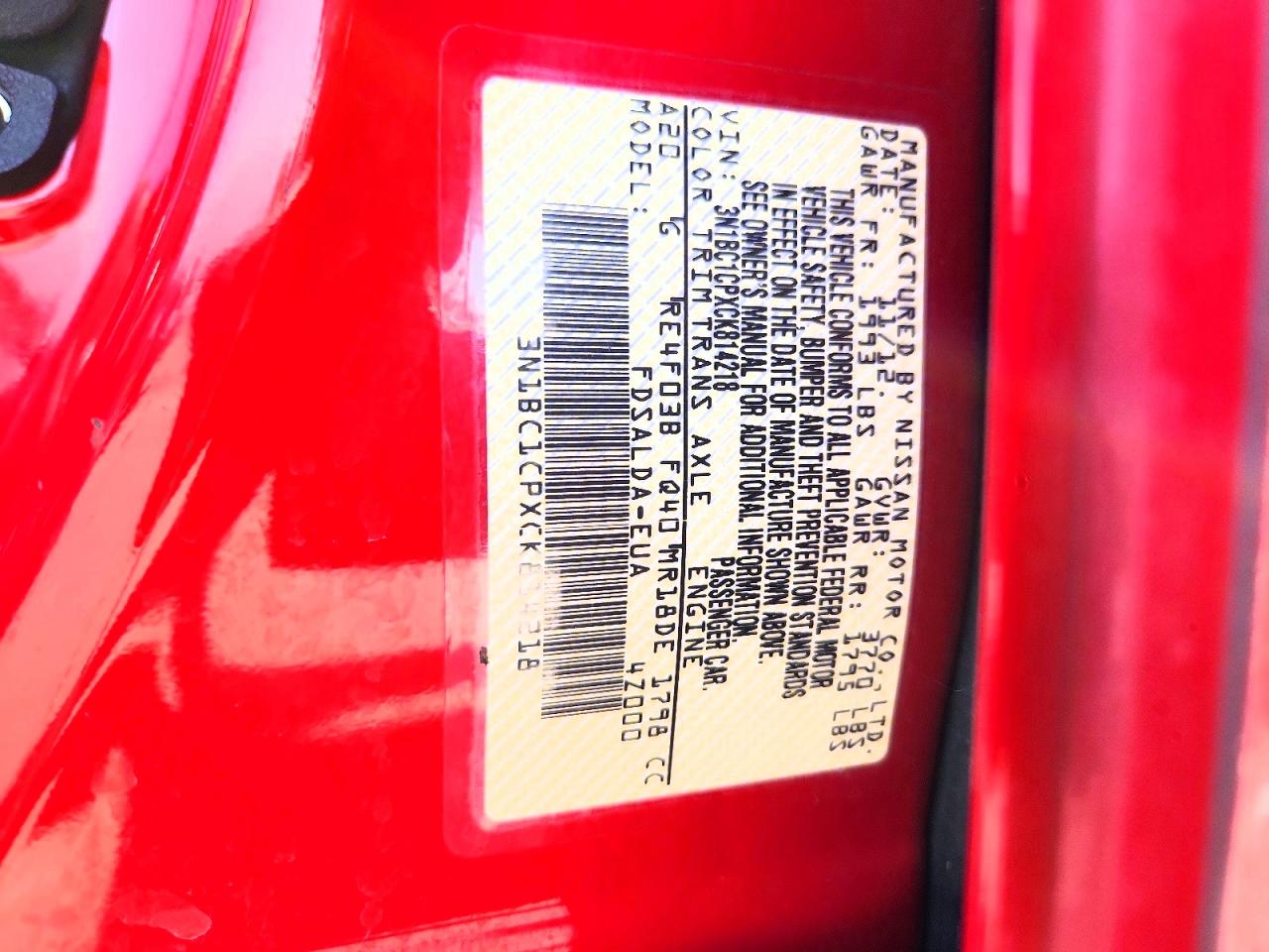 2012 Nissan Versa 1.8 S Red vin: 3N1BC1CPXCK814218