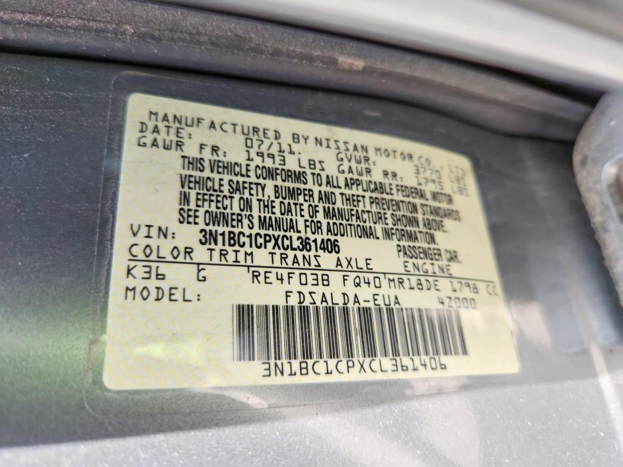 2012 Nissan Versa 1.8 S Gray vin: 3N1BC1CPXCL361406