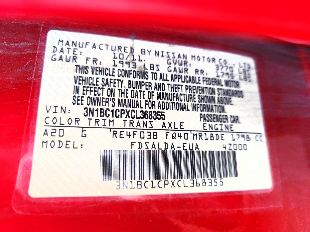 2012 Nissan Versa 1.8 S Red vin: 3N1BC1CPXCL368355
