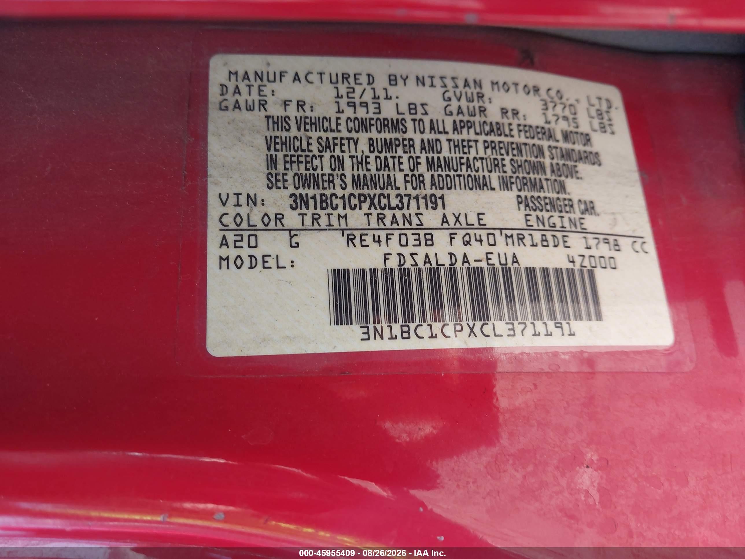 2012 Nissan Versa 1.8 S Red vin: 3N1BC1CPXCL371191