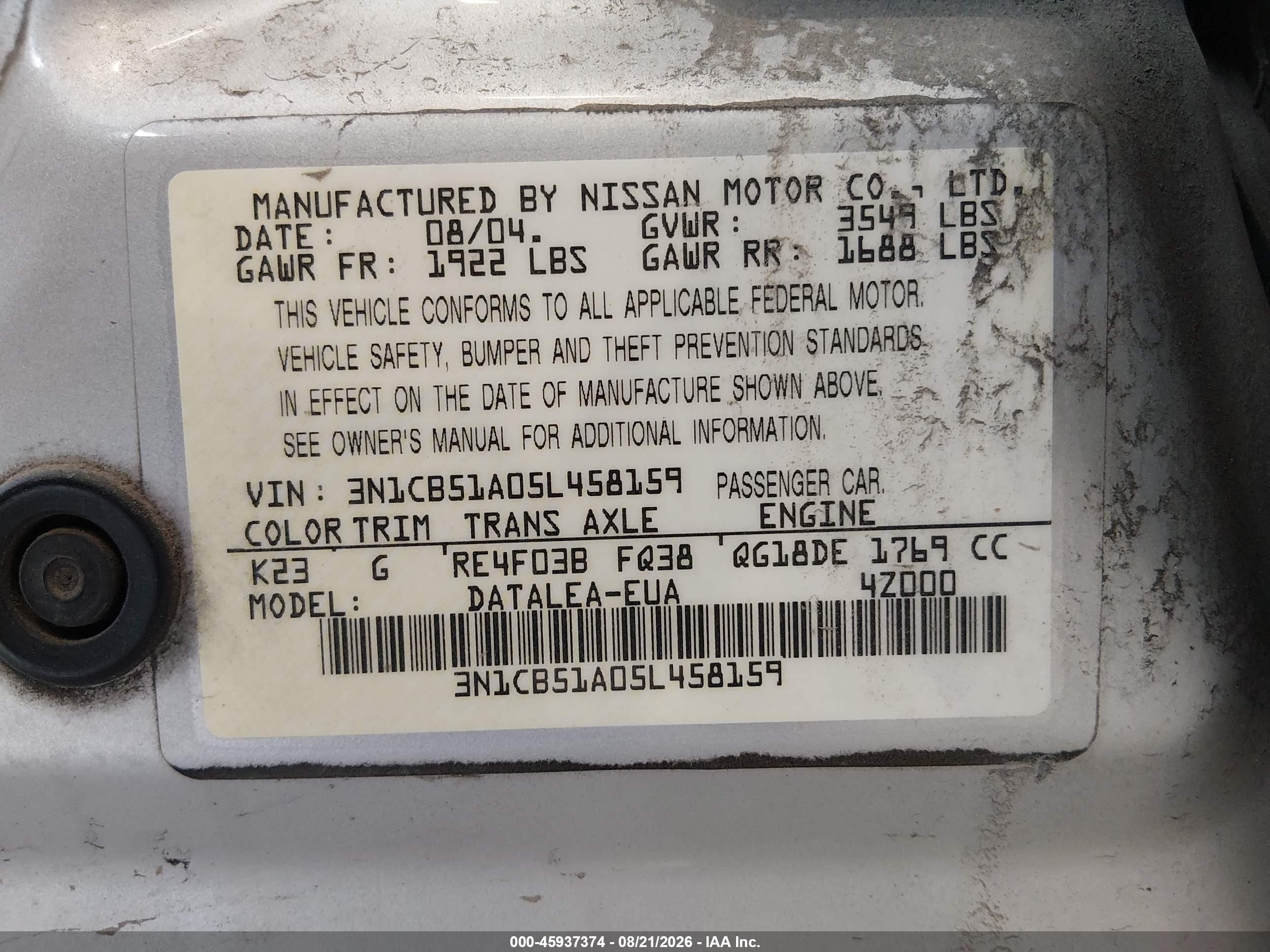 2005 Nissan Sentra 1.8s Silver vin: 3N1CB51A05L458159