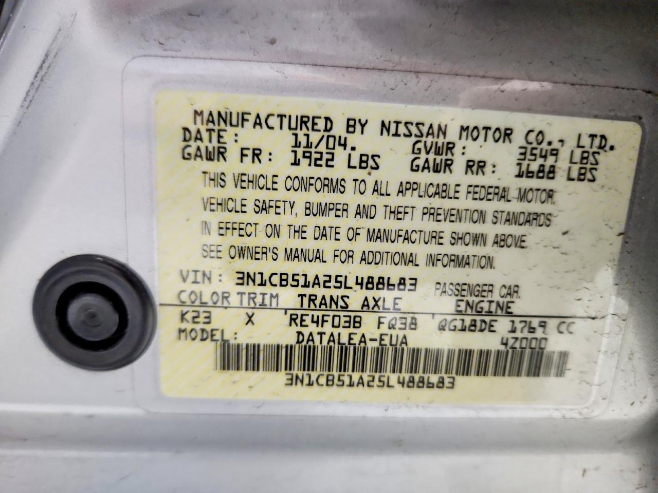 2005 Nissan Sentra 1.8 S Silver vin: 3N1CB51A25L488683