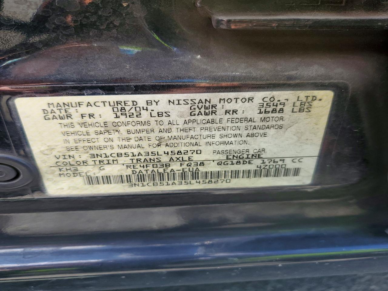 2005 Nissan Sentra 1.8s Black vin: 3N1CB51A35L458270