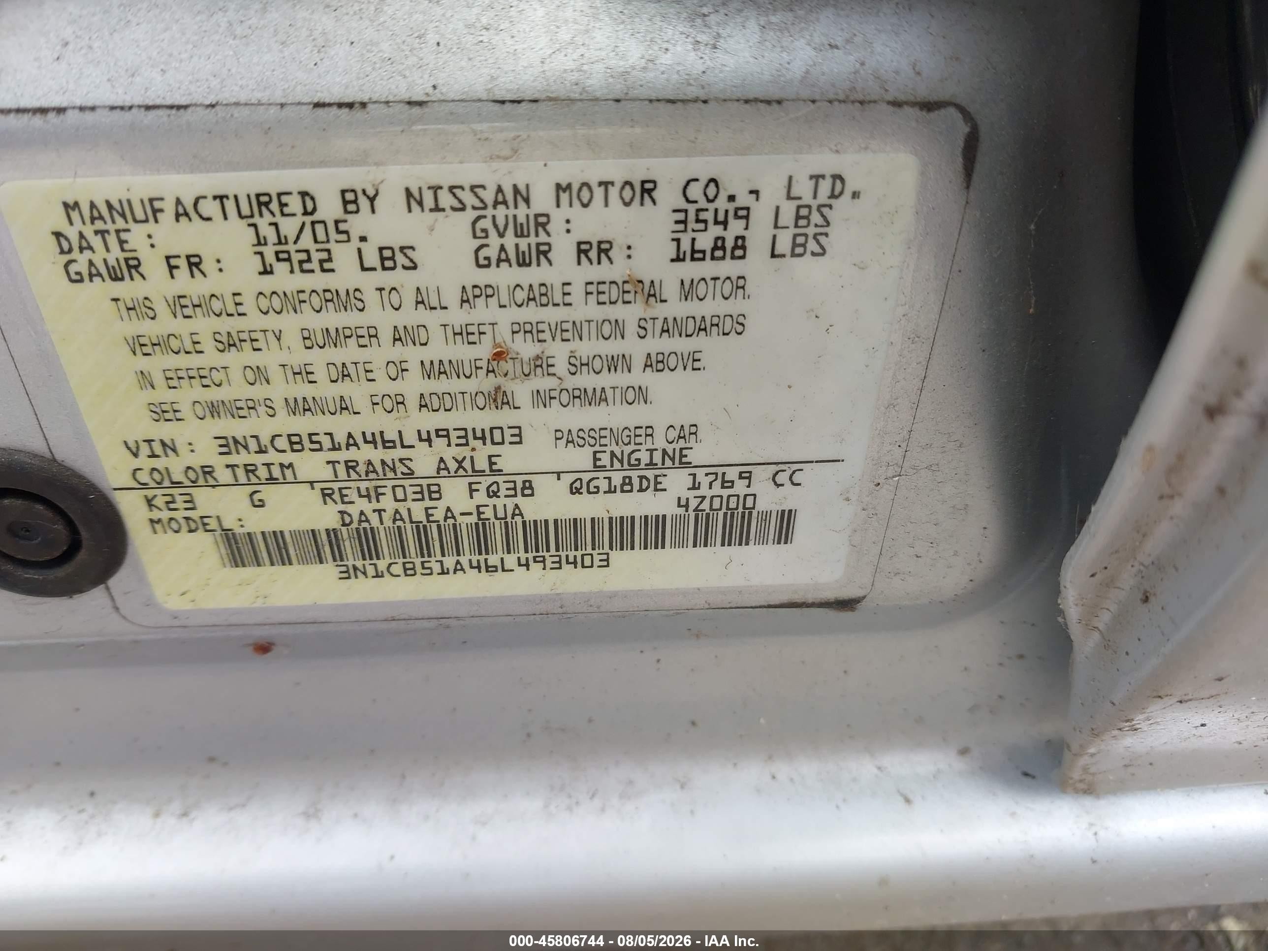 2006 Nissan Sentra 1.8s Silver vin: 3N1CB51A46L493403