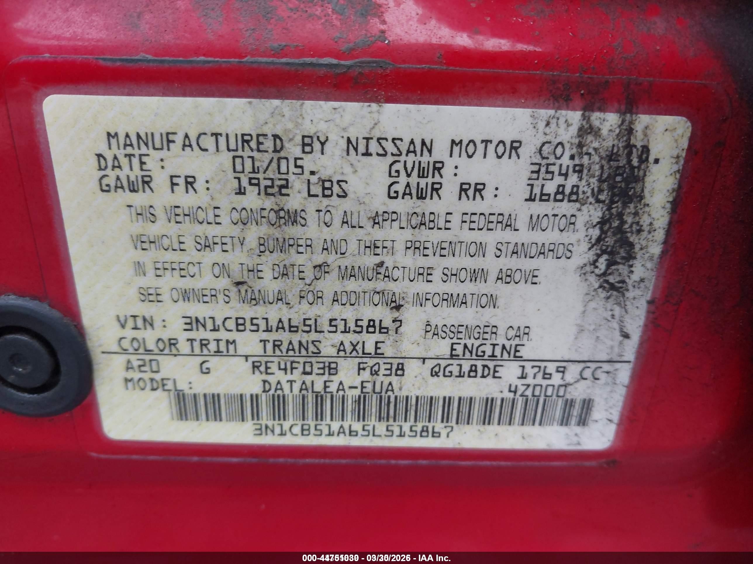 2005 Nissan Sentra 1.8s Red vin: 3N1CB51A65L515867