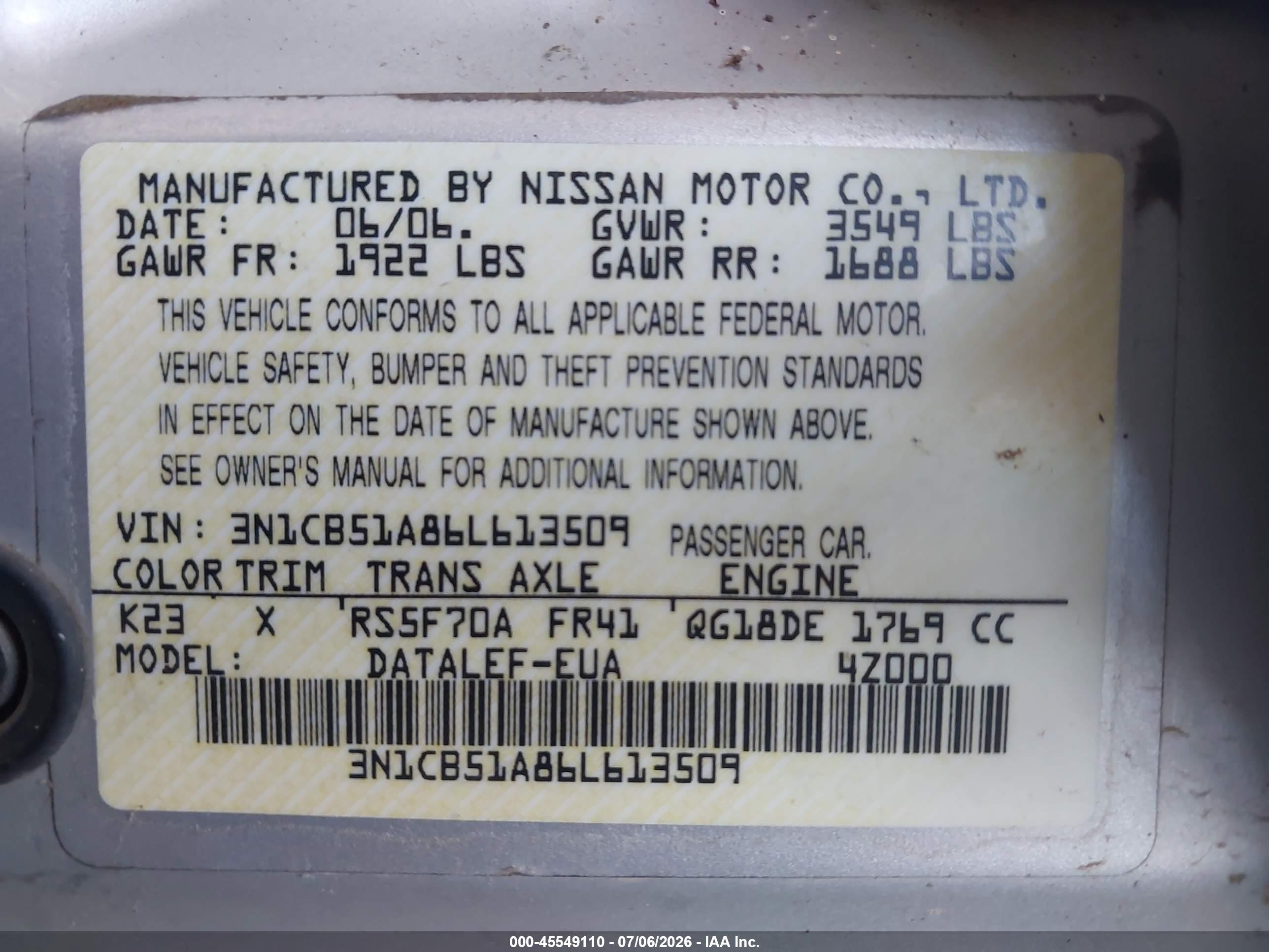 2006 Nissan Sentra 1.8s Silver vin: 3N1CB51A86L613509