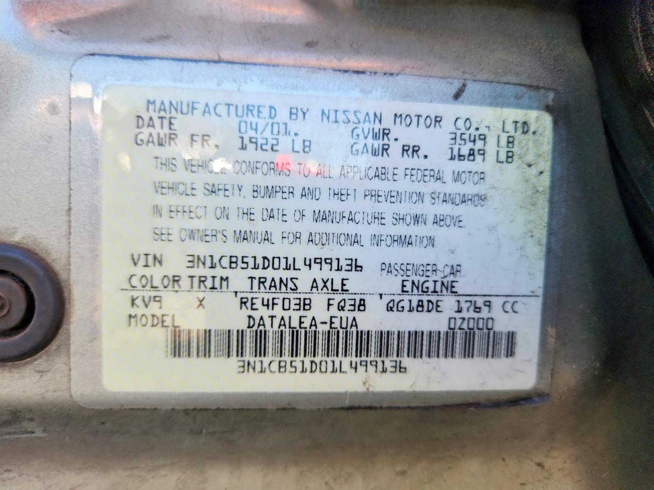 2001 Nissan Sentra Xe Silver vin: 3N1CB51D01L499136