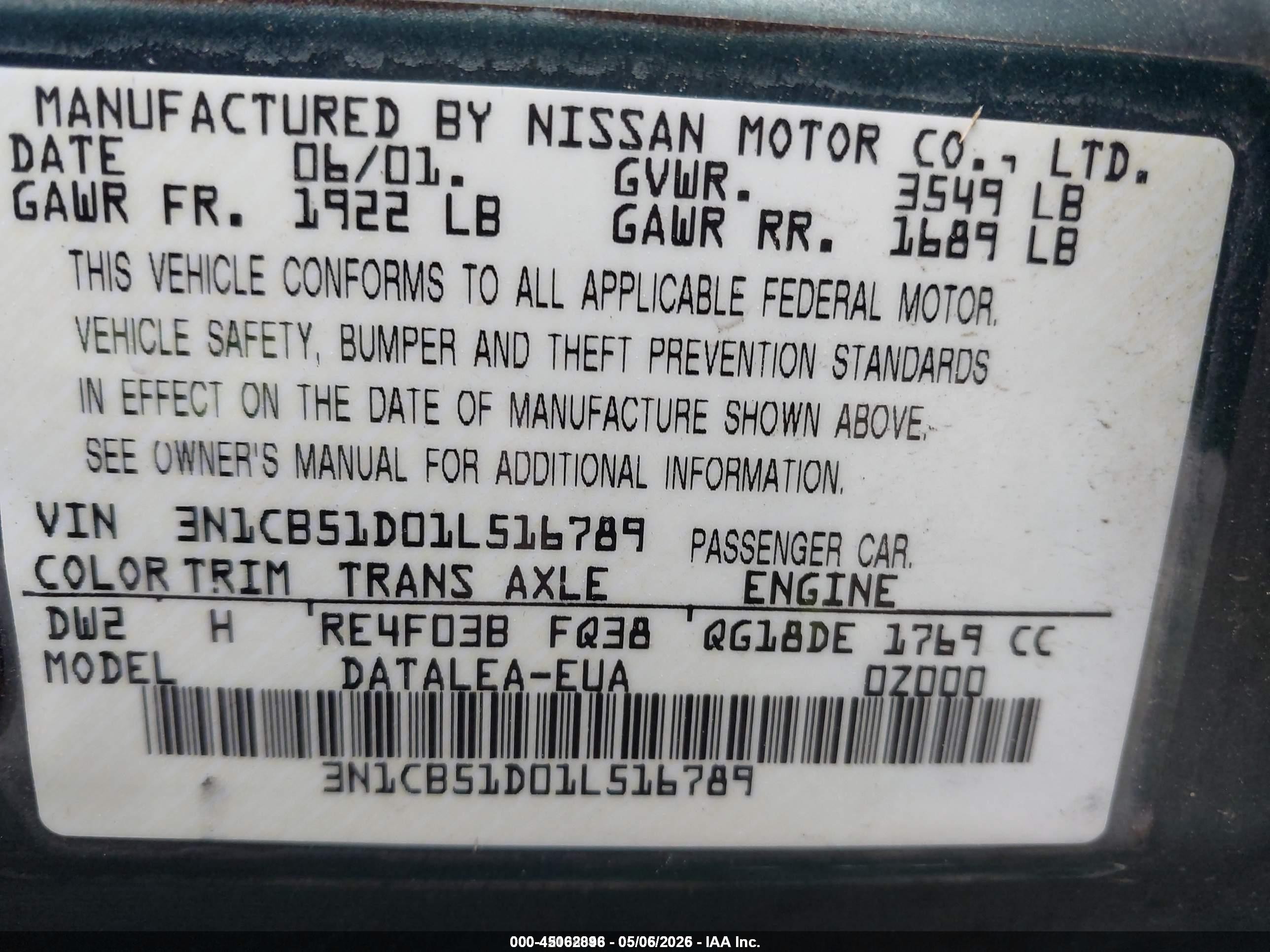 2001 Nissan Sentra Gxe Green vin: 3N1CB51D01L516789