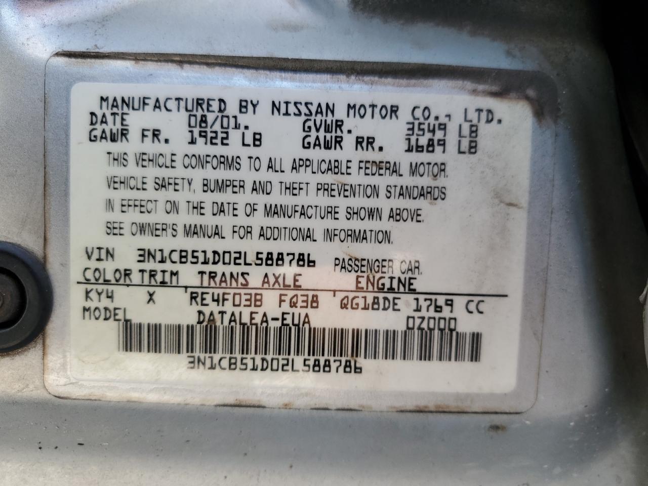 2002 Nissan Sentra Xe Серебряный vin: 3N1CB51D02L588786