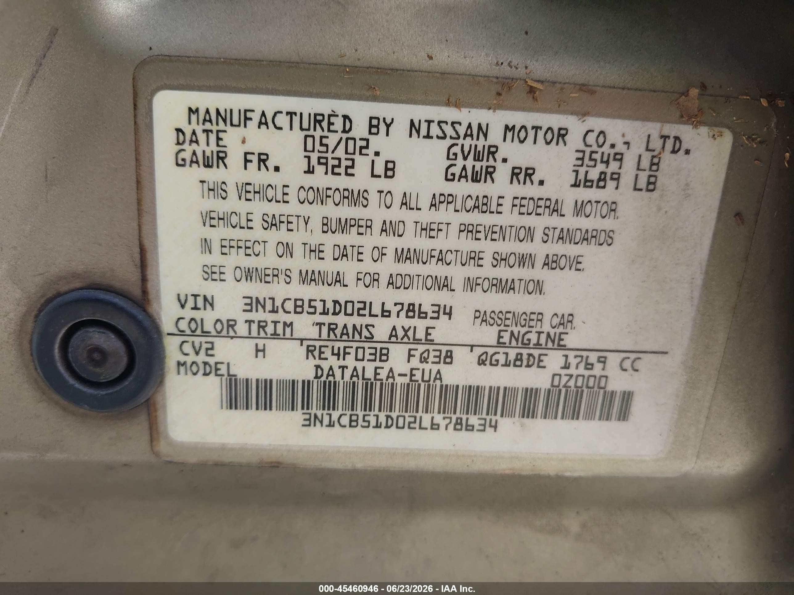 2002 Nissan Sentra Gxe Gold vin: 3N1CB51D02L678634