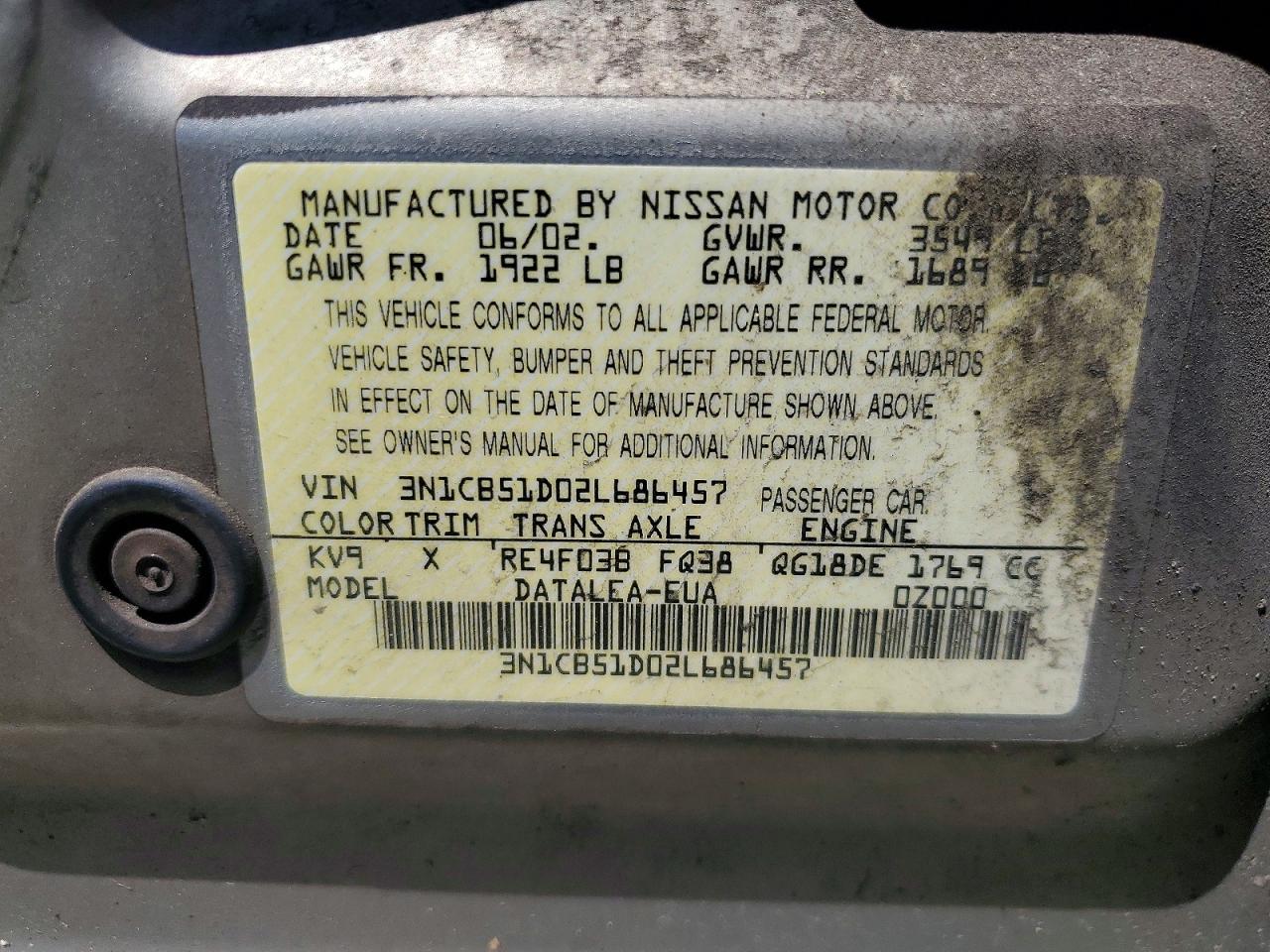 2002 Niss Sentra Beige vin: 3N1CB51D02L686457