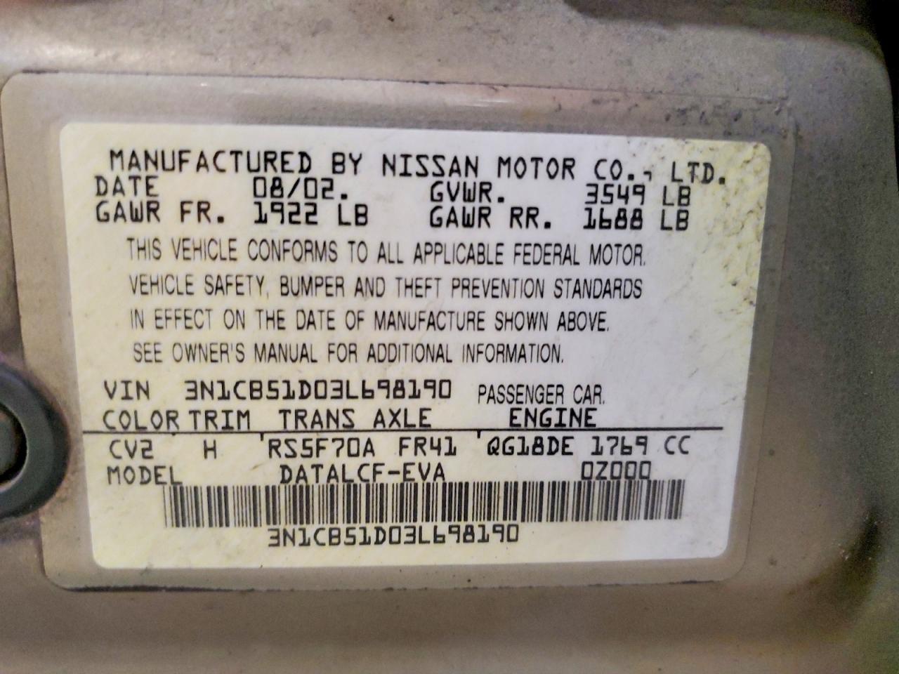 2003 Nissan Sentra Tan vin: 3N1CB51D03L698190