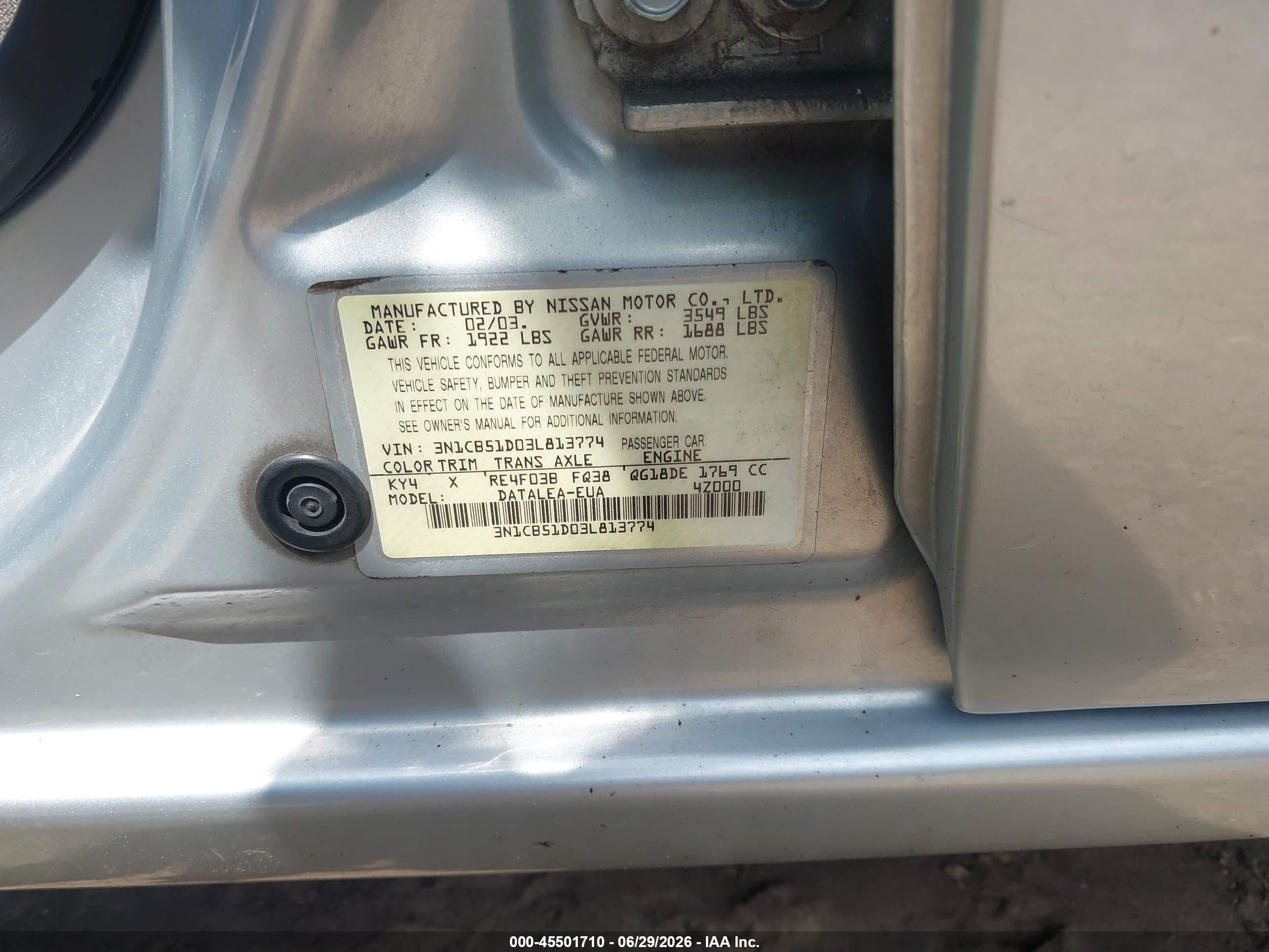 2003 Nissan Sentra Gxe Silver vin: 3N1CB51D03L813774