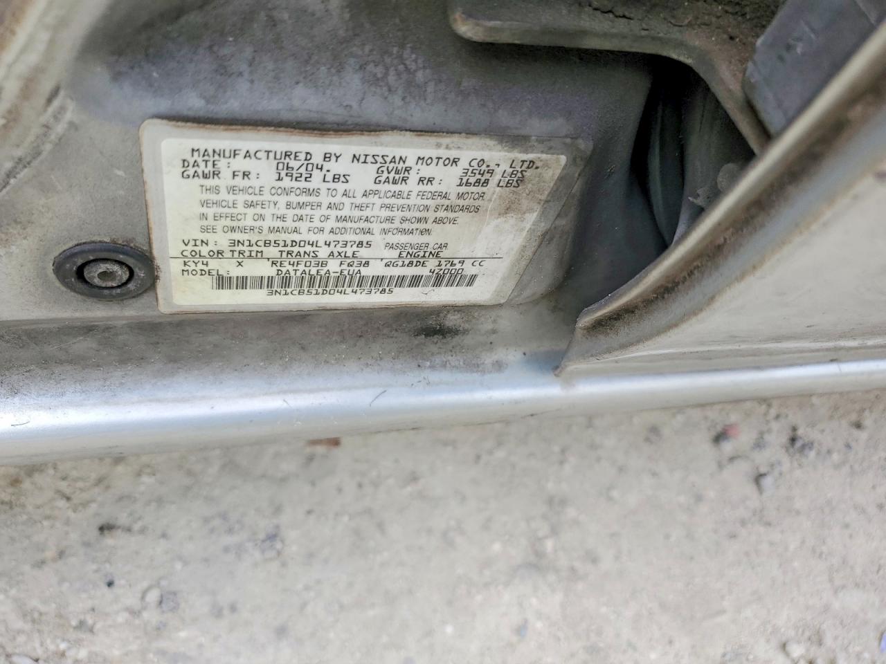 2004 Nissan Sentra 1.8 Gray vin: 3N1CB51D04L473785