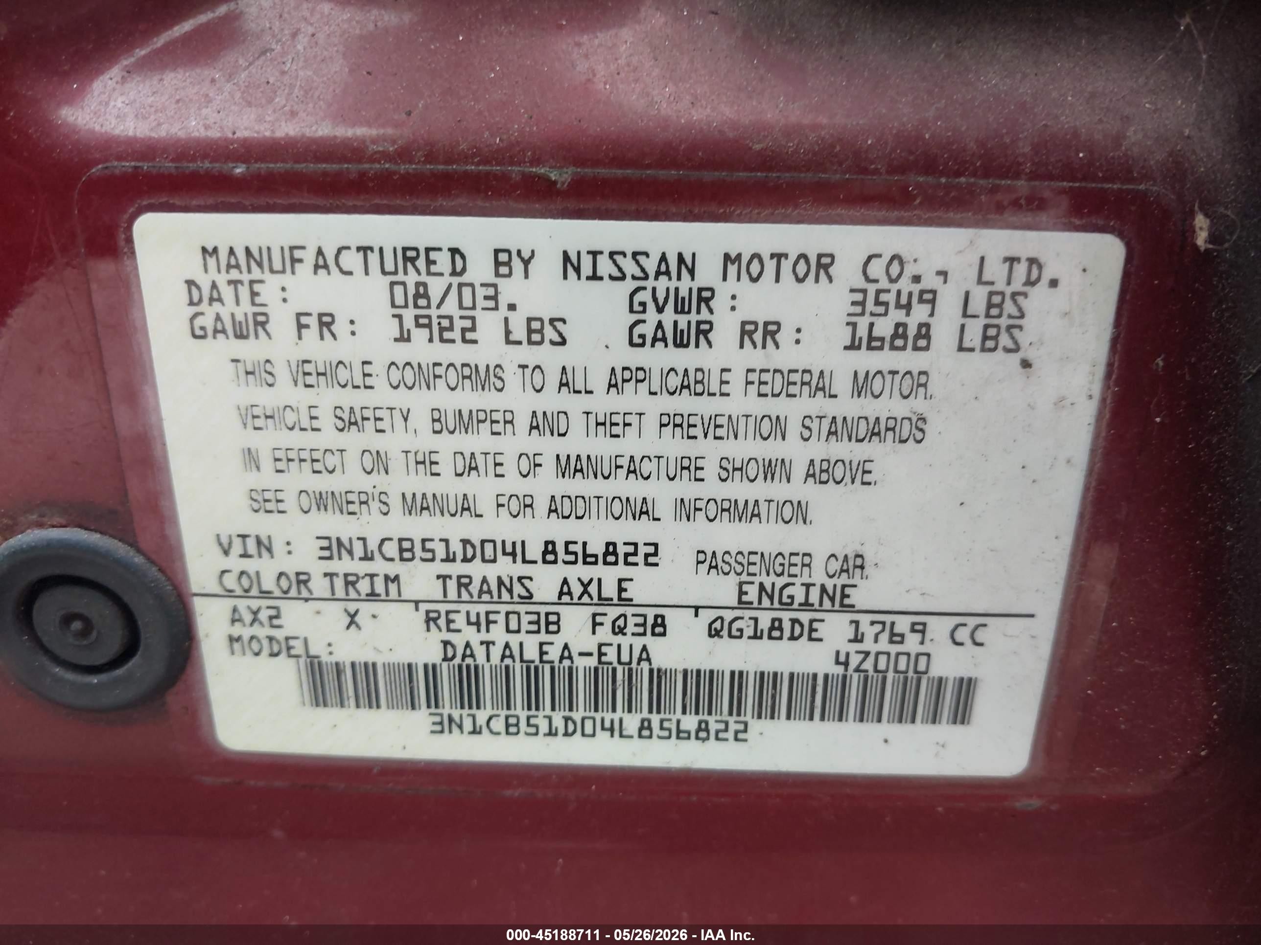 2004 Nissan Sentra 1.8s Бордовый vin: 3N1CB51D04L856822