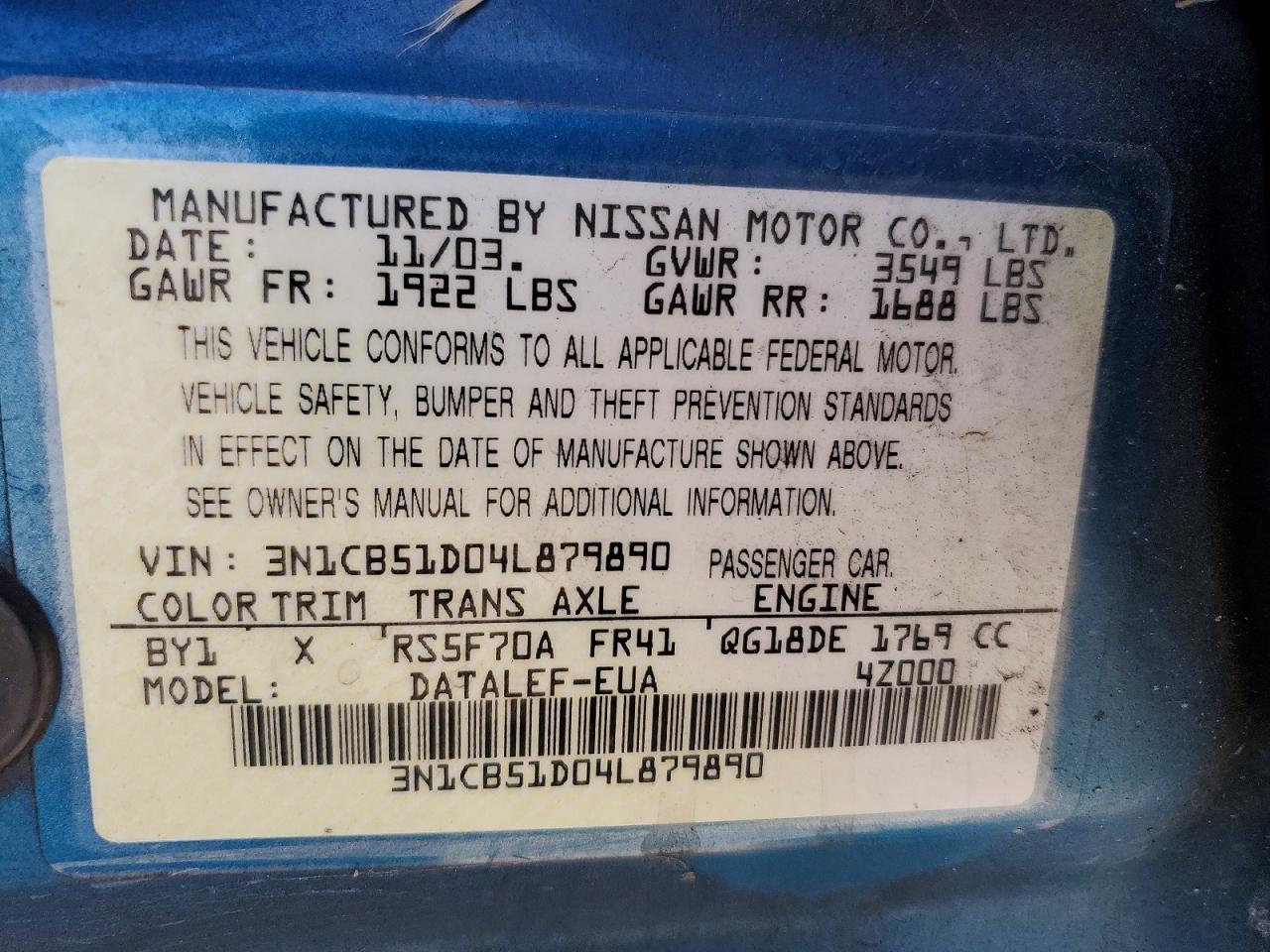 2004 Nissan Sentra 1.8 Blue vin: 3N1CB51D04L879890