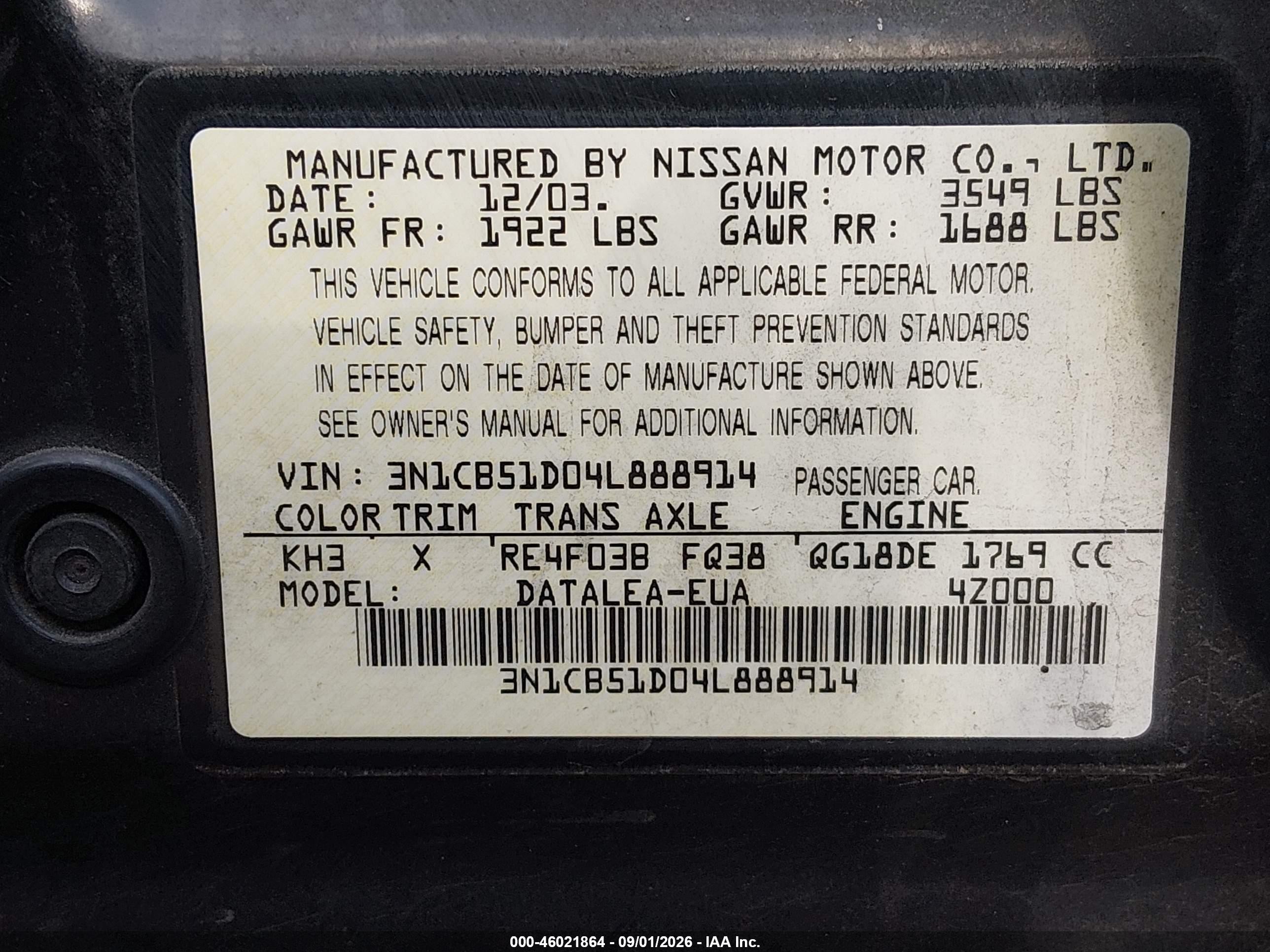 2004 Nissan Sentra 1.8s Black vin: 3N1CB51D04L888914
