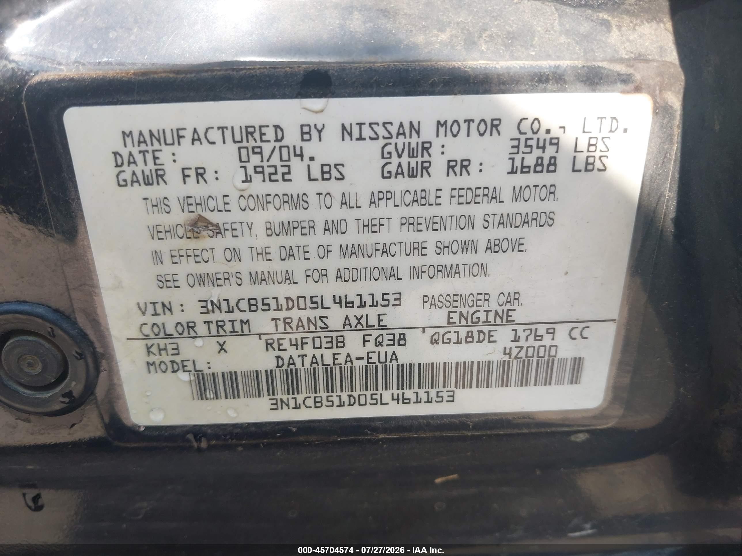 2005 Nissan Sentra 1.8s Черный vin: 3N1CB51D05L461153