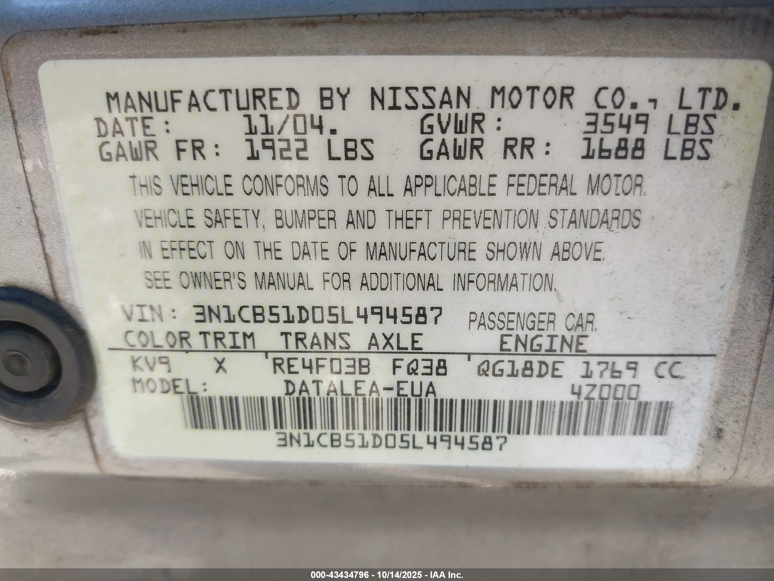 2005 Nissan Sentra 1.8s Gray vin: 3N1CB51D05L494587