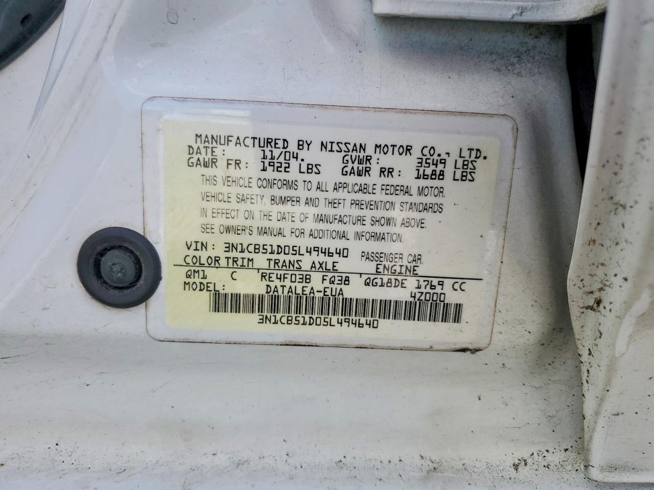 2005 Nissan Sentra 1.8 White vin: 3N1CB51D05L494640