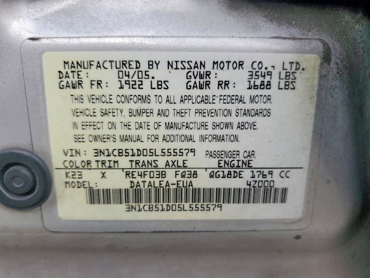 2005 Nissan Sentra 1.8 Silver vin: 3N1CB51D05L555579