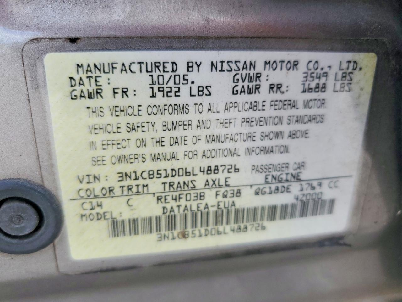 2006 Nissan Sentra 1.8 Brown vin: 3N1CB51D06L488726