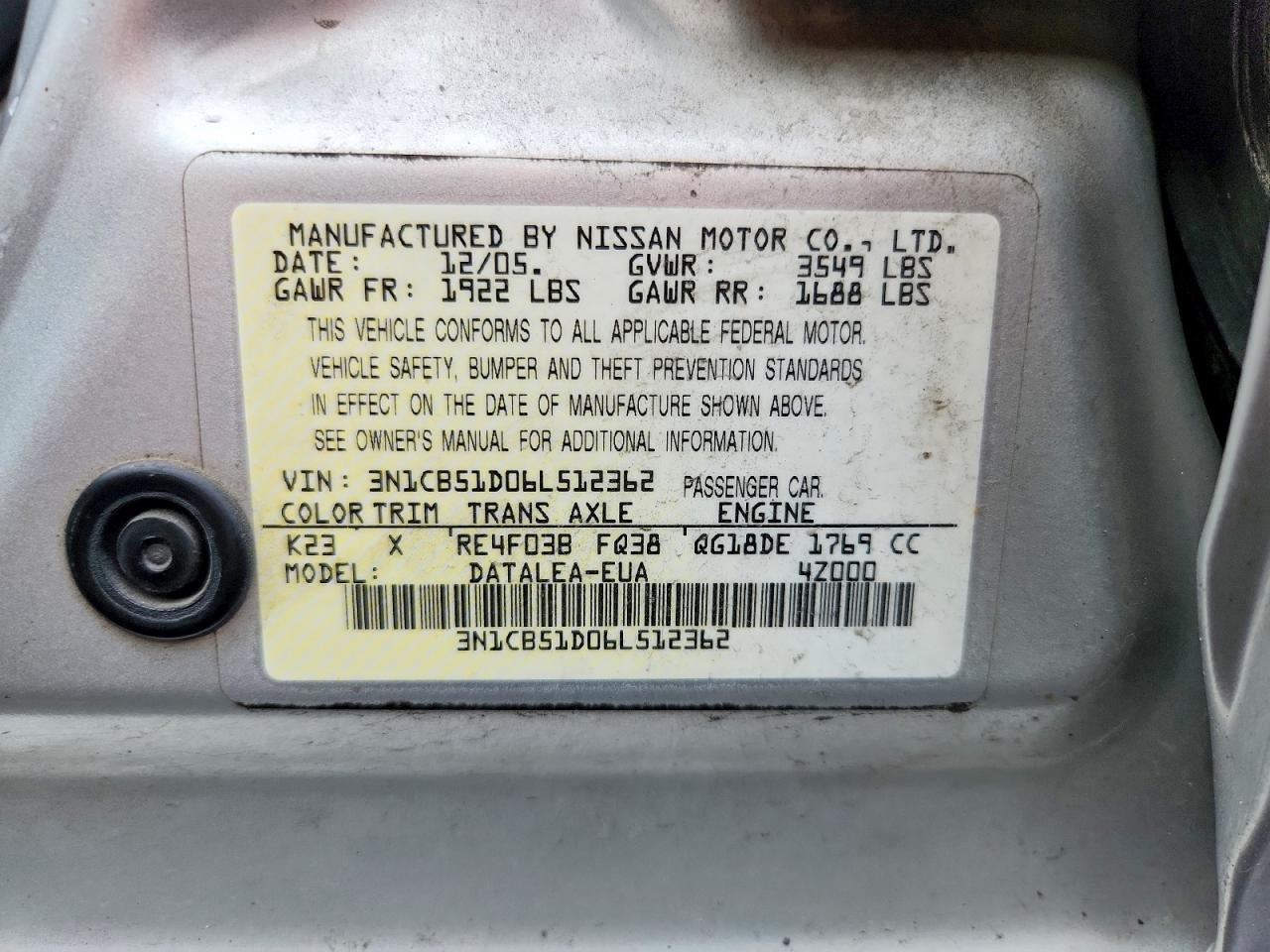 2006 Nissan Sentra 1.8 Silver vin: 3N1CB51D06L512362