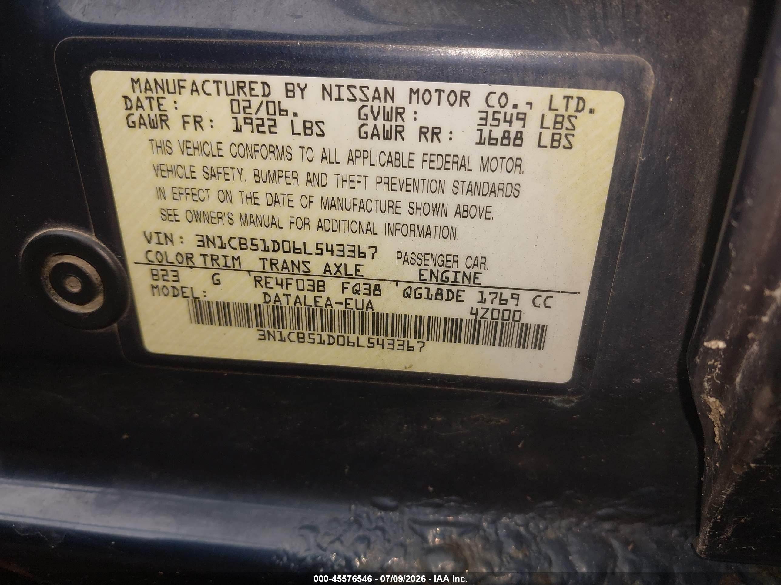 2006 Nissan Sentra 1.8s Blue vin: 3N1CB51D06L543367