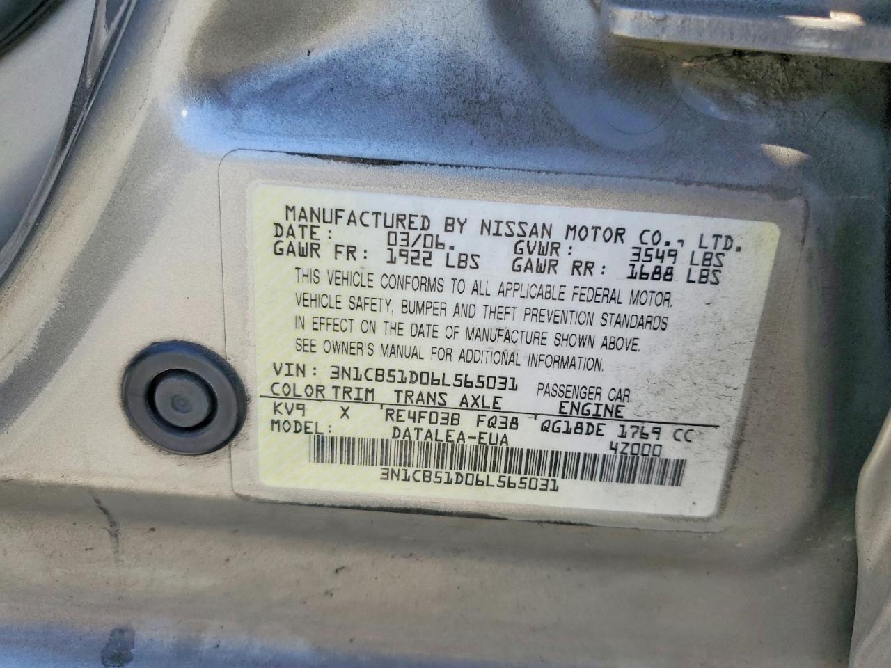 2006 Nissan Sentra 1.8 Серебряный vin: 3N1CB51D06L565031