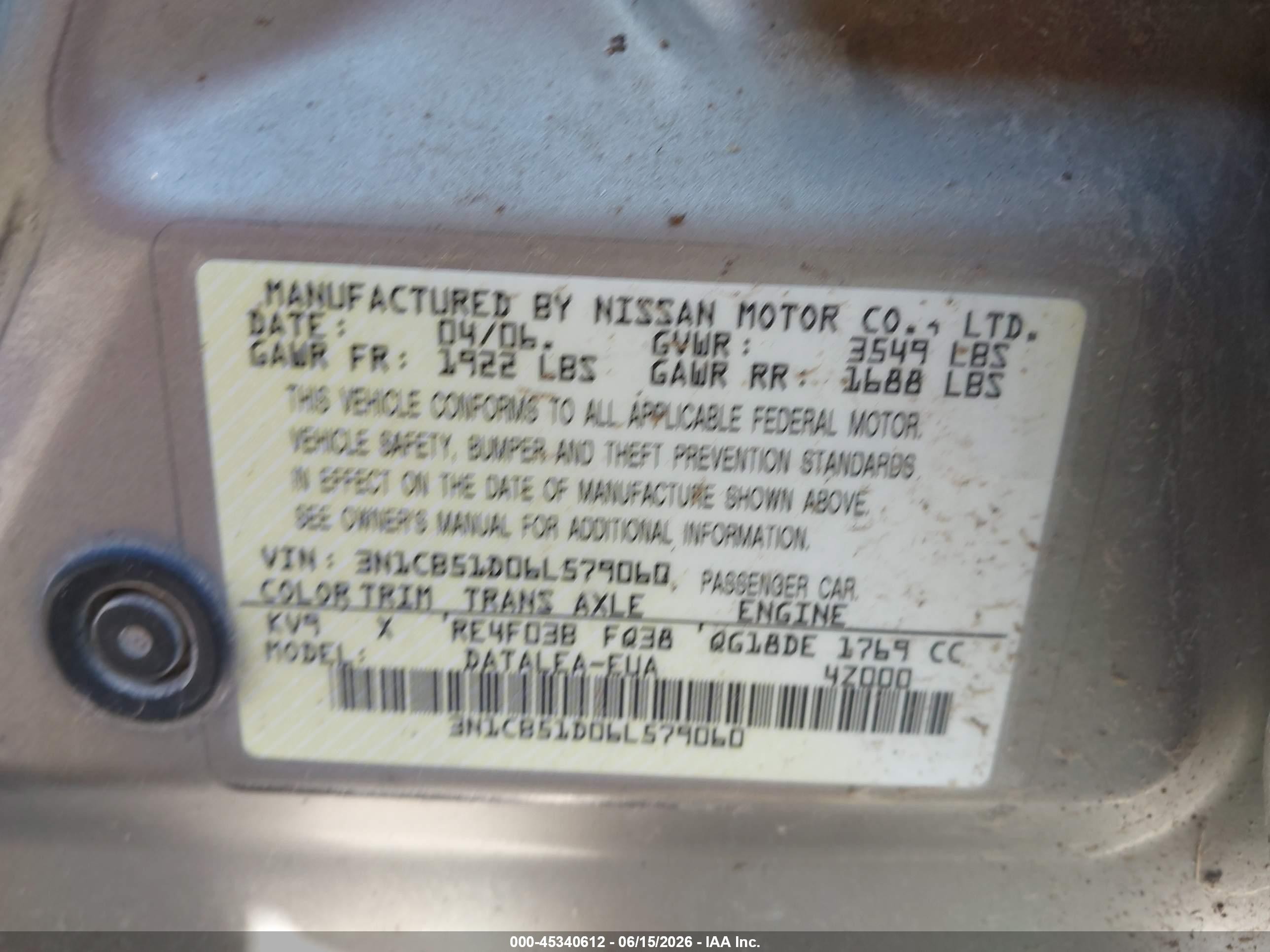 2006 Nissan Sentra 1.8s Silver vin: 3N1CB51D06L579060