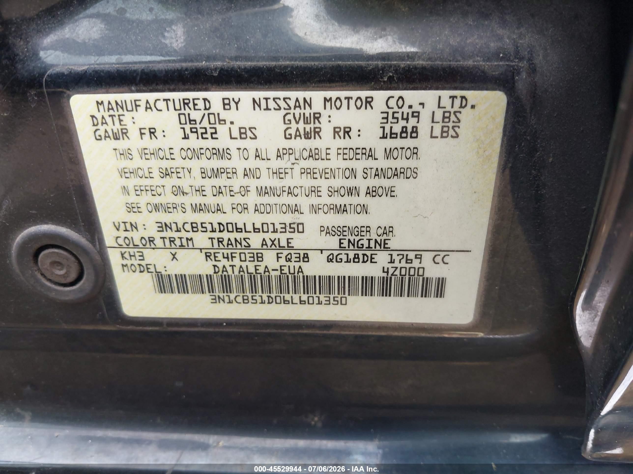 2006 Nissan Sentra 1.8s Черный vin: 3N1CB51D06L601350