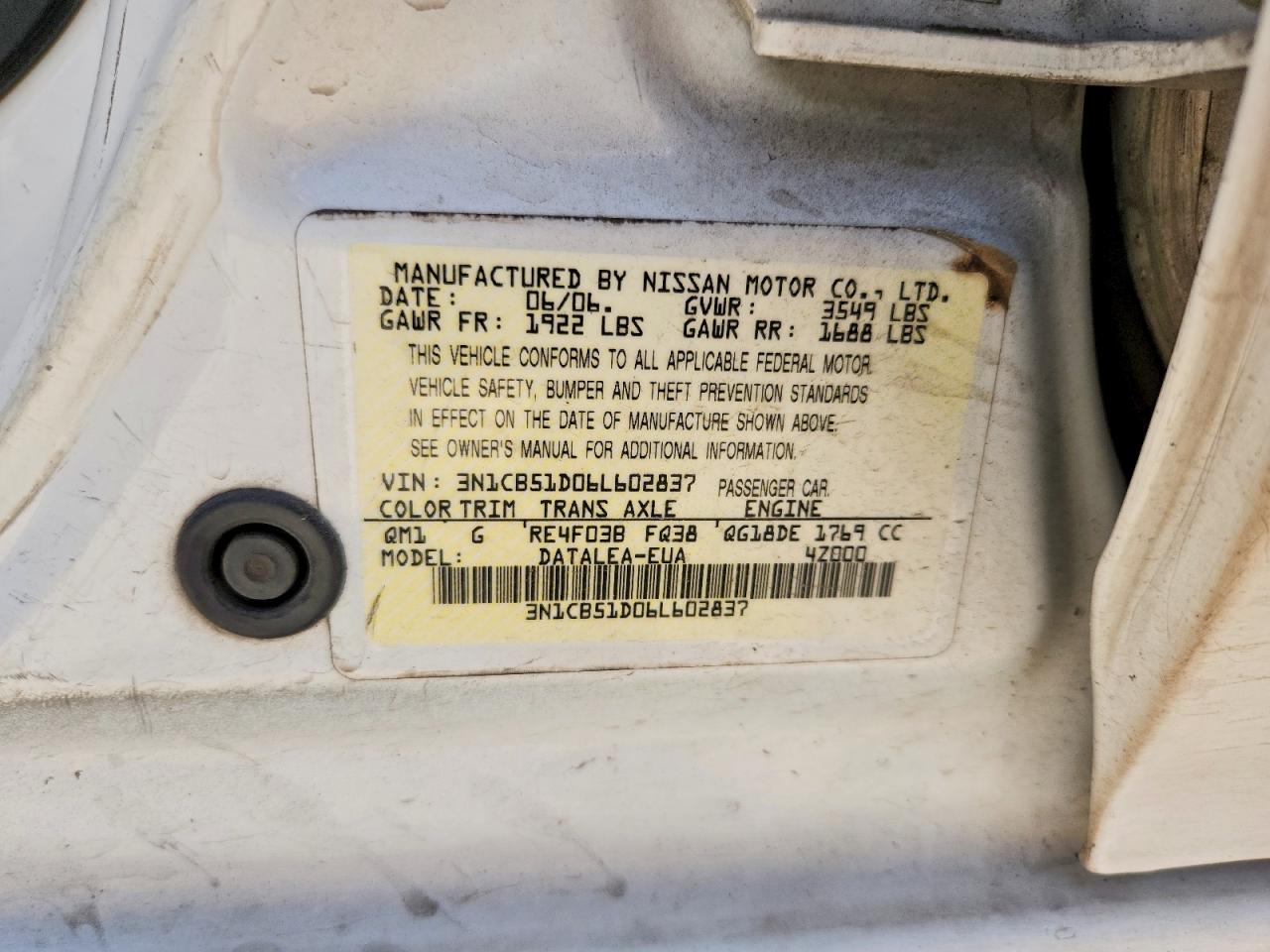 2006 Nissan Sentra 1.8 White vin: 3N1CB51D06L602837