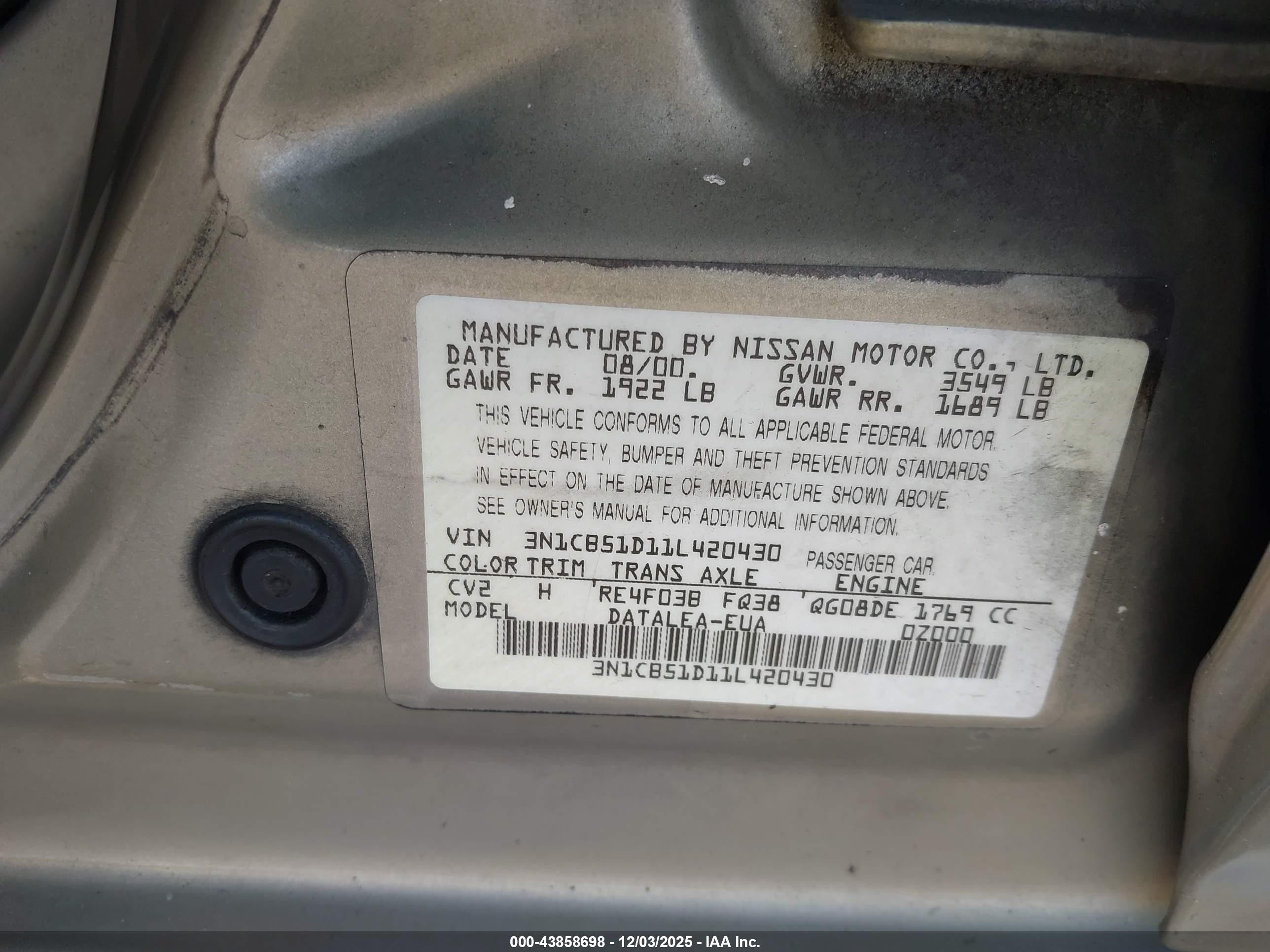 2001 Nissan Sentra Gxe Gold vin: 3N1CB51D11L420430