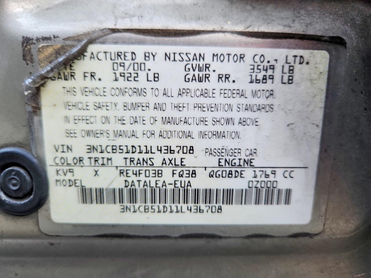 2001 Nissan Sentra Xe Silver vin: 3N1CB51D11L436708