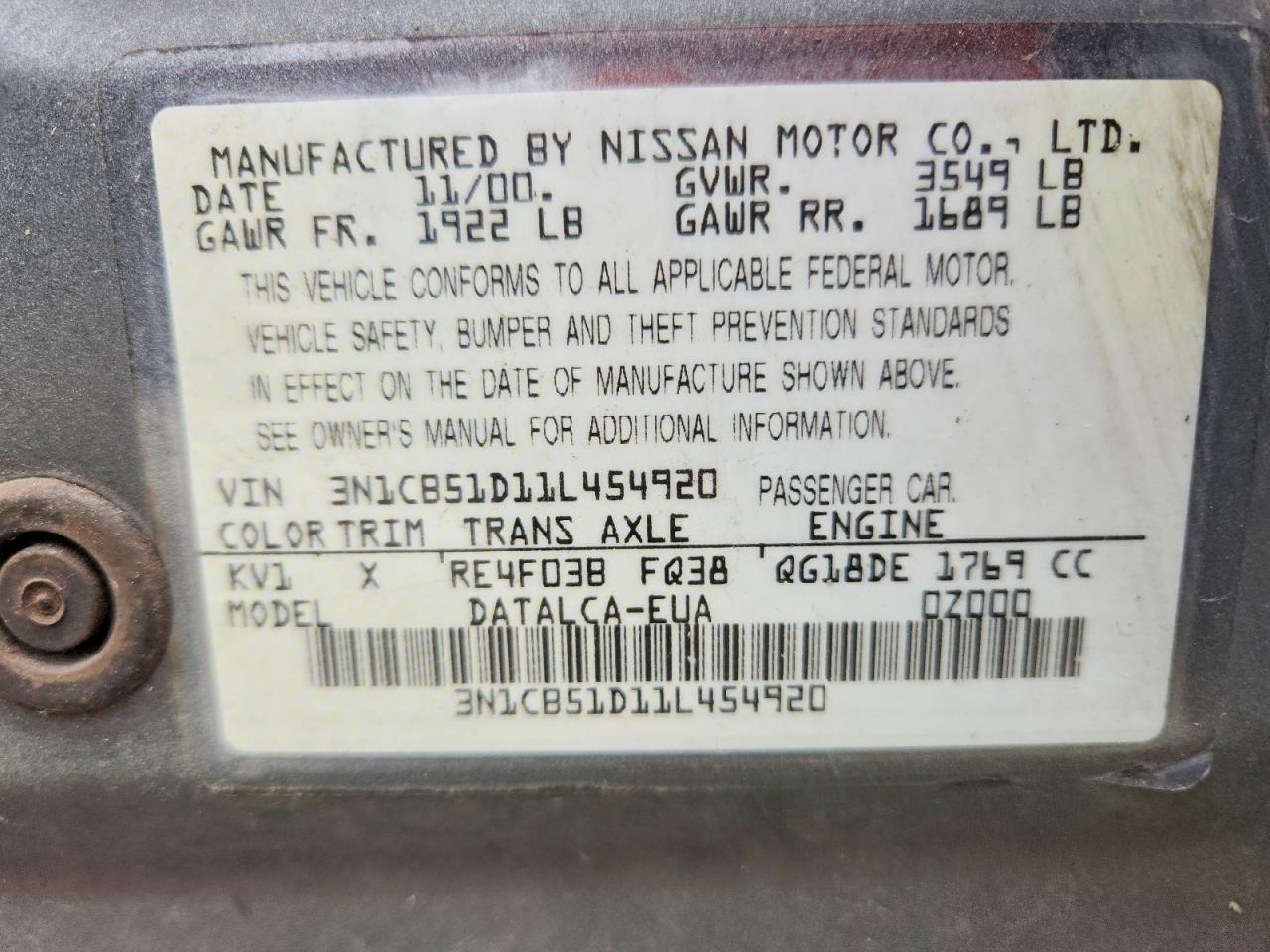 2001 Nissan Sentra Xe Gray vin: 3N1CB51D11L454920