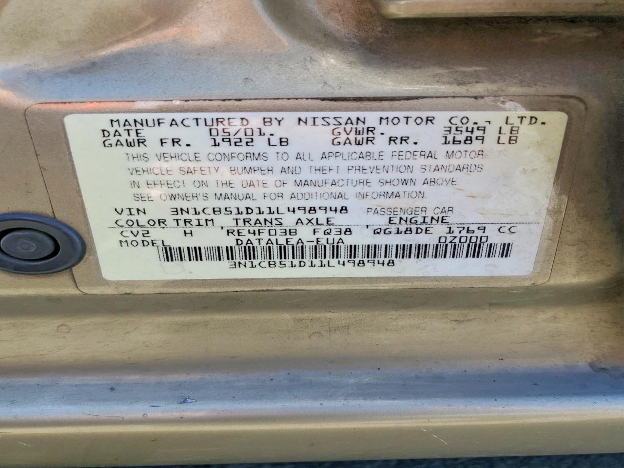 2001 Nissan Sentra Xe Gold vin: 3N1CB51D11L498948