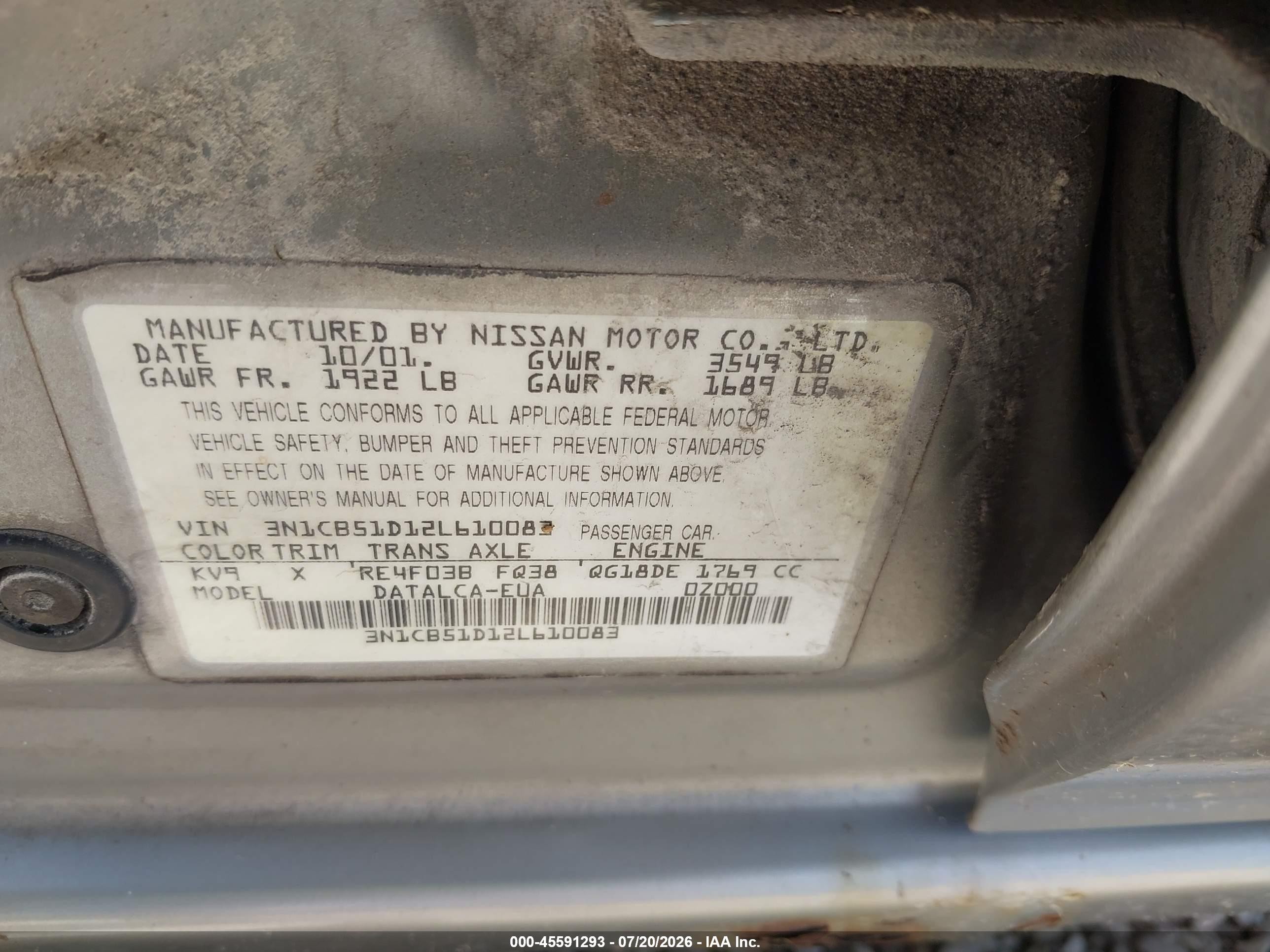 2002 Nissan Sentra Xe Beige vin: 3N1CB51D12L610083