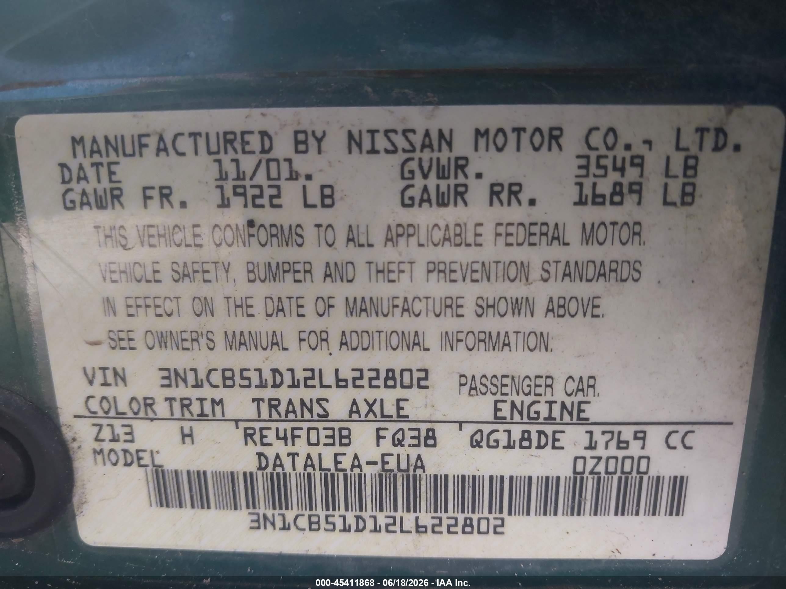 2002 Nissan Sentra Gxe Green vin: 3N1CB51D12L622802